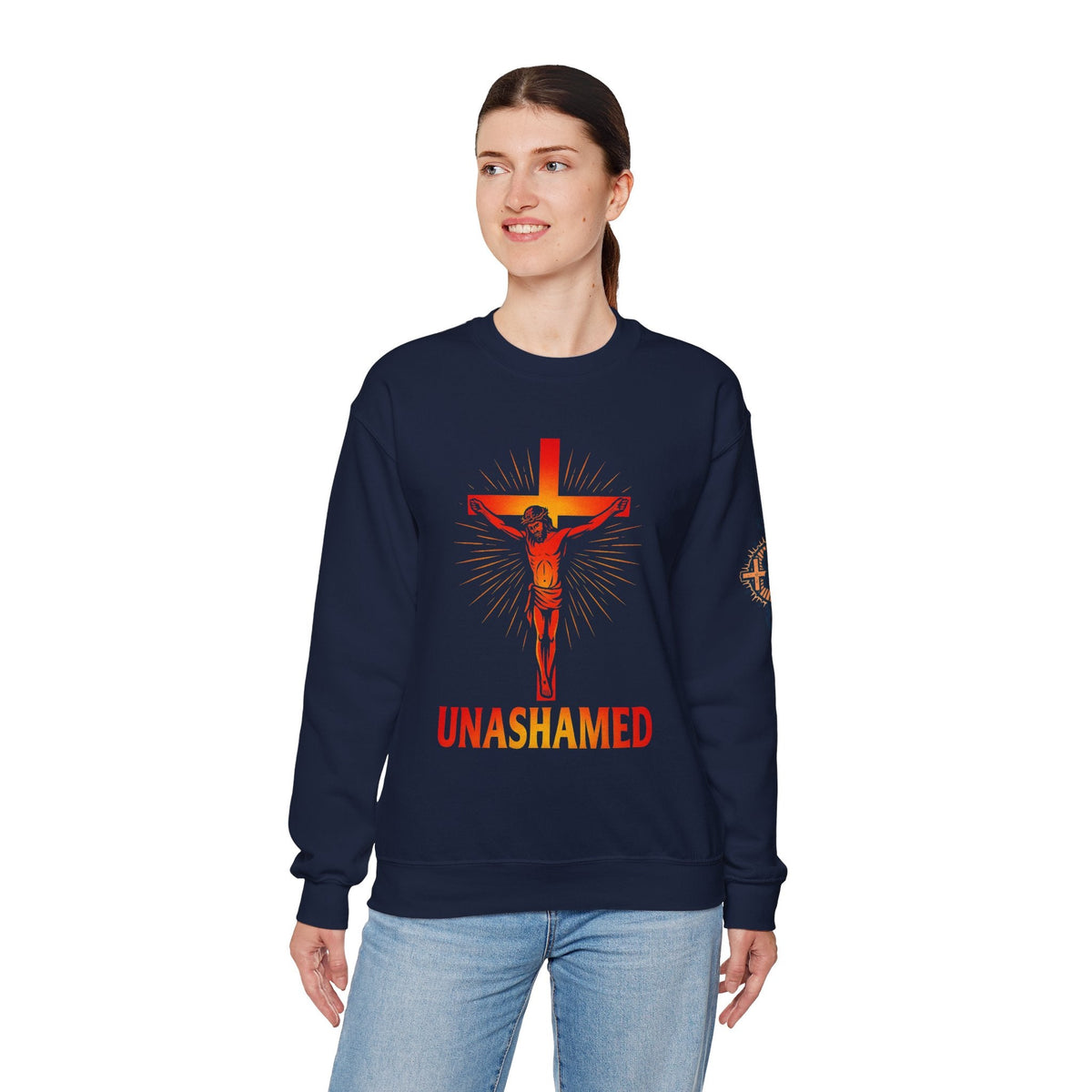 Unashamed Sweatshirt – Romans 1:16 Crucifixion Christian Sweatshirt for Bold Unwavering Faith Printify
