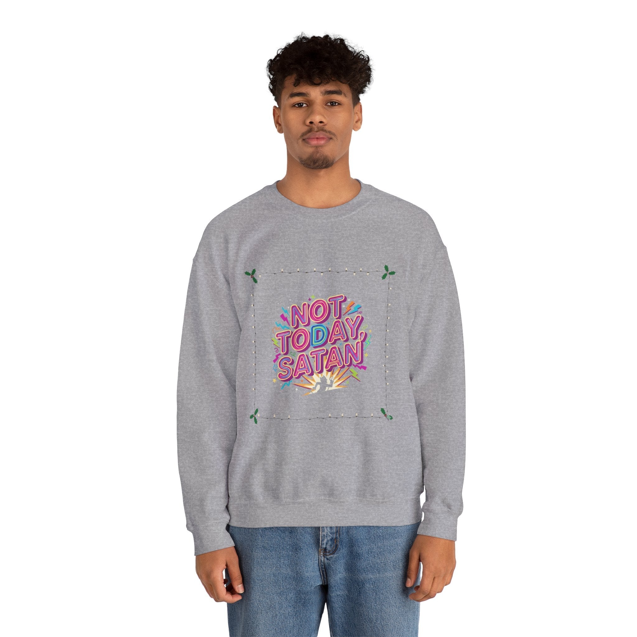 🔥 Not Today, Satan – Retro 90s Christian Sweatshirt | Neon Faith Tee | Funky Cartoon Devil | Bold Bible Verse Shirt | Uplifted Gear Printify