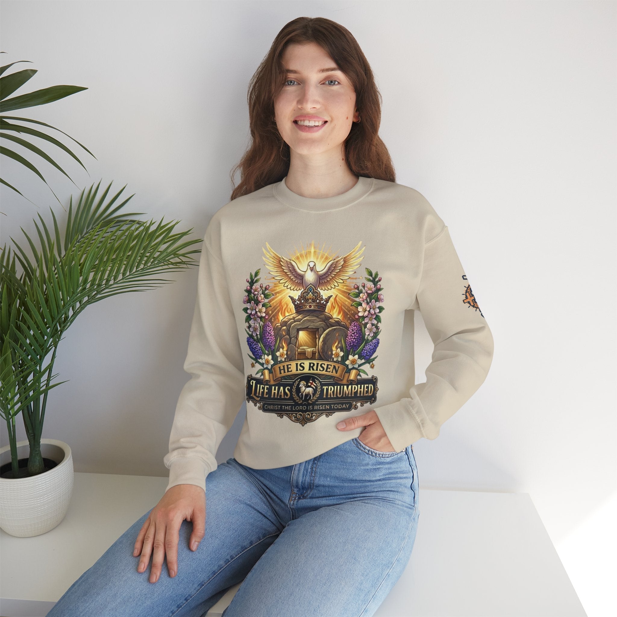 He Is Risen "Life Has Triumphed" Sweatshirt — Easter Resurrection Christian Sweatshirt Printify