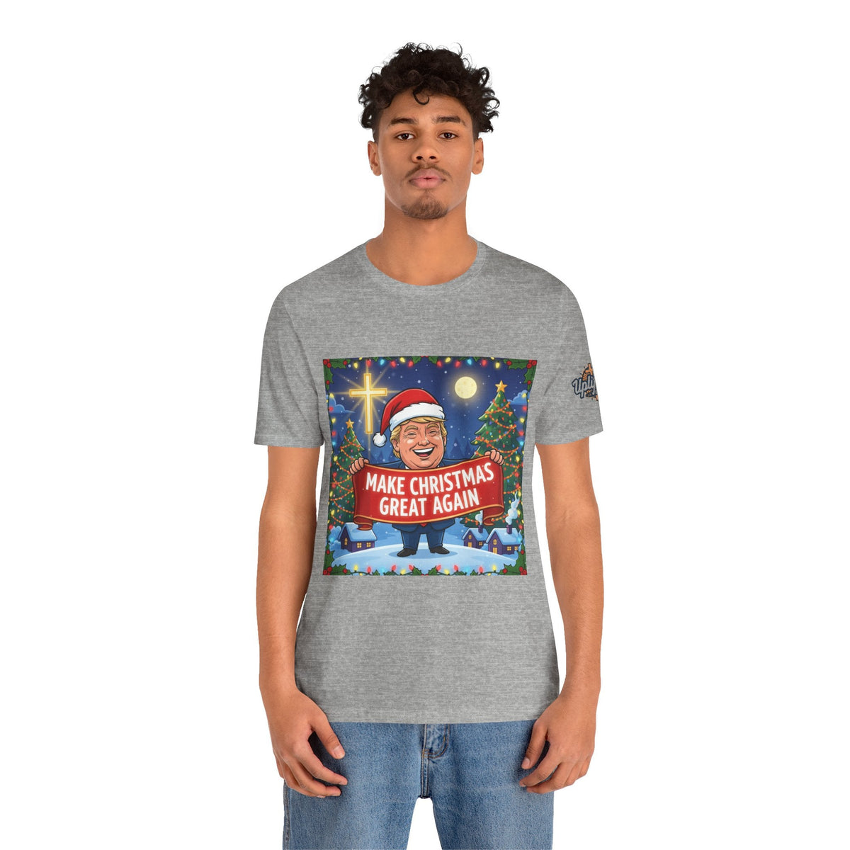 🎄 Make Christmas Great Again – Patriotic Christian Christmas T-Shirt | Bold Holiday Faith Tee | Red & White Banner Design | Uplifted Gear Printify