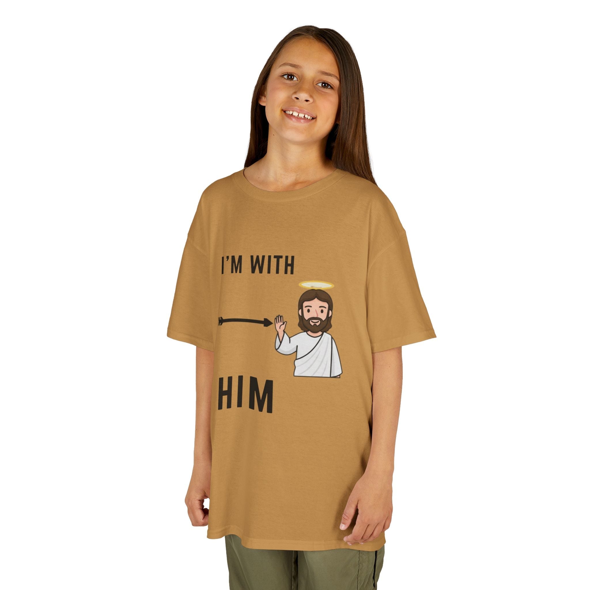 🔥 I’m With Him → Christian Kids T-Shirt | Arrow Pointing to Jesus | Minimalist Faith Tee | Subtle Cross Design | Bible-Inspired Apparel by Uplifted Gear Printify