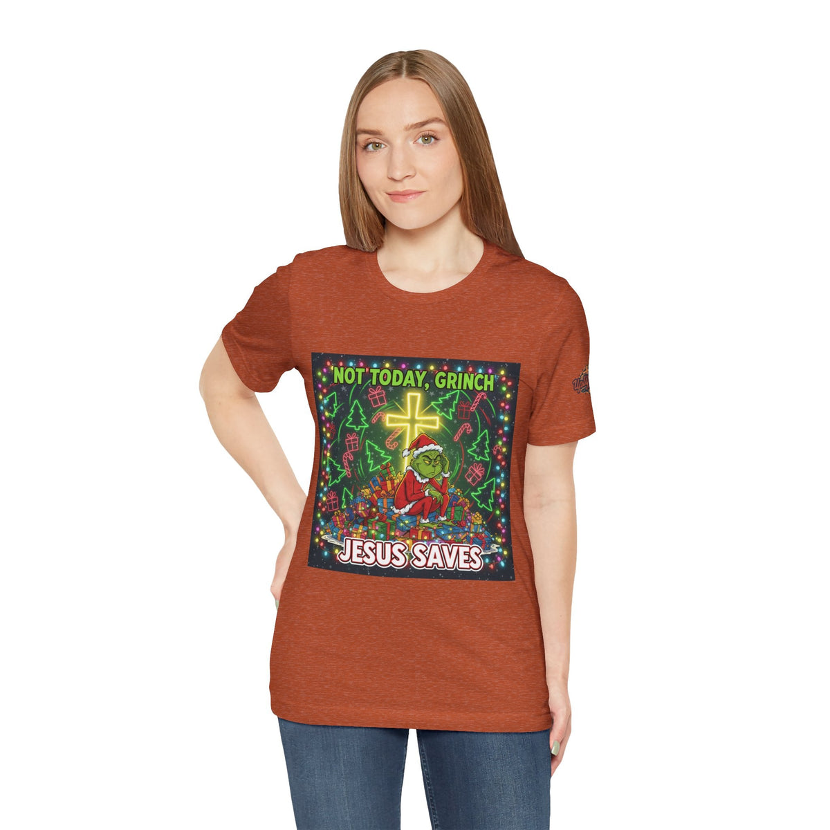 🎄 Not Today, Grinch – Jesus Saves | Funny Christian Christmas T-Shirt | Festive Green & Red Cartoon Style | Bold Faith Holiday Tee by Uplifted Gear Printify