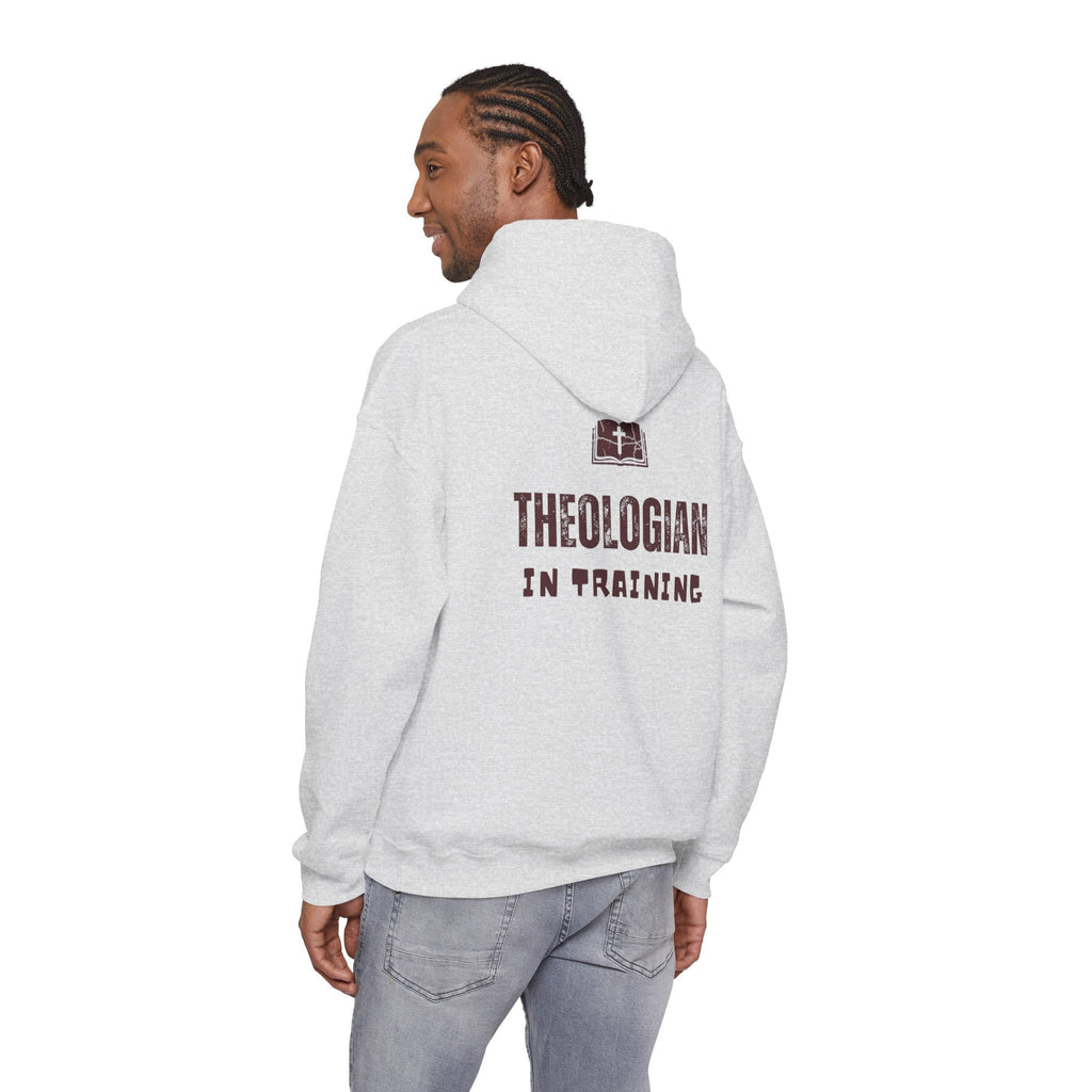 Theologian in Training Hoodie – Open Bible & Cross Christian Hoodie for Faithful Growth Printify