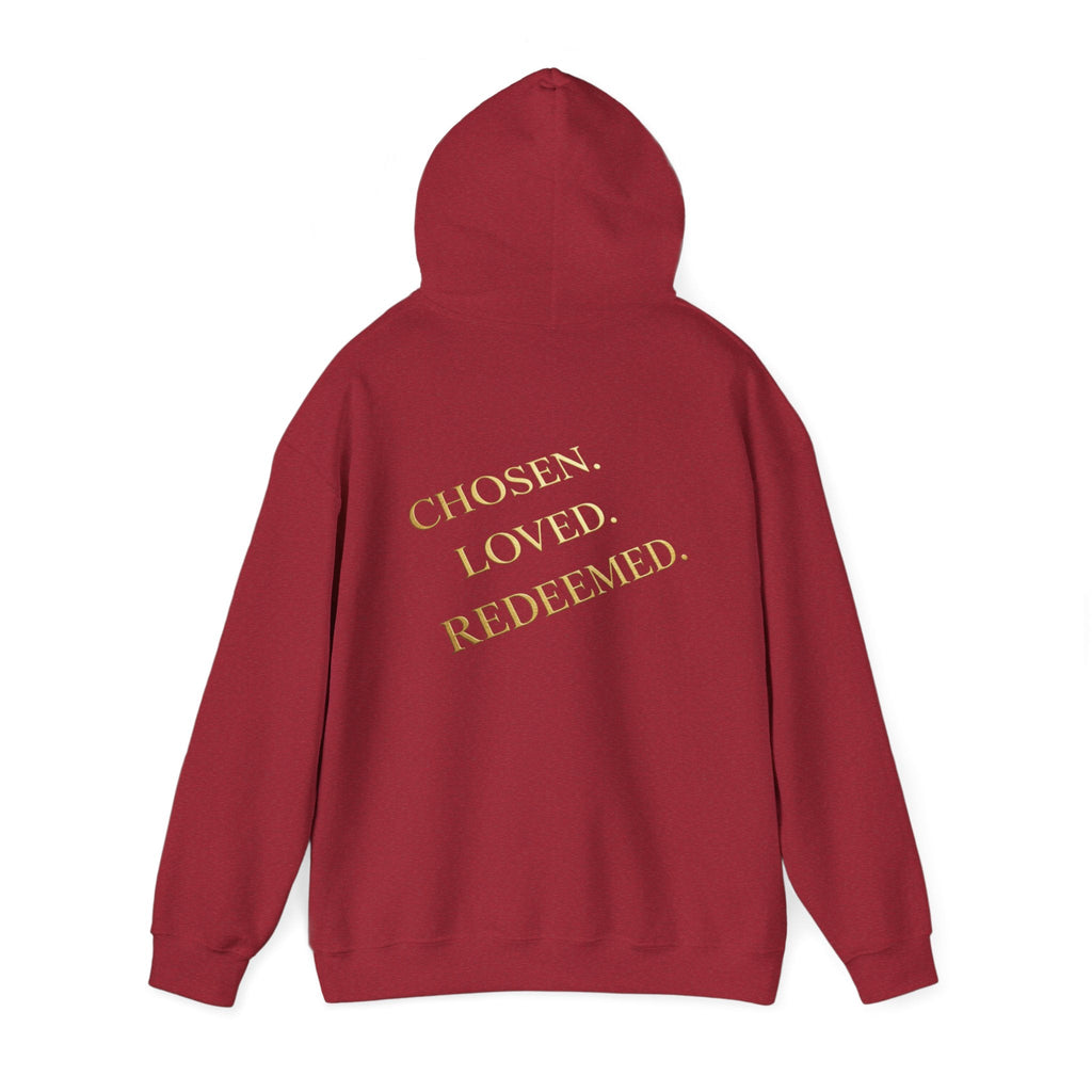 ✨ Chosen. Loved. Redeemed. – Elegant Christian Hoodie | Gold Foil Faith Tee | Subtle Cross & Heart Design | Inspirational Bible Verse Apparel by Uplifted Gear Printify
