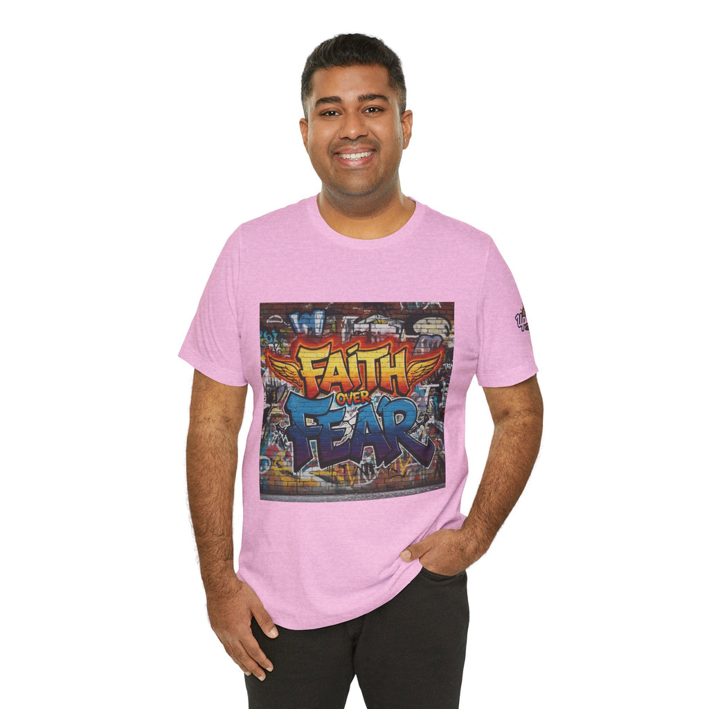 Faith Over Fear T-shirt – Graffiti Wall Christian T-shirt for Bold 2 Corinthians 5:7 Streetwear & Unshakable Faith Printify