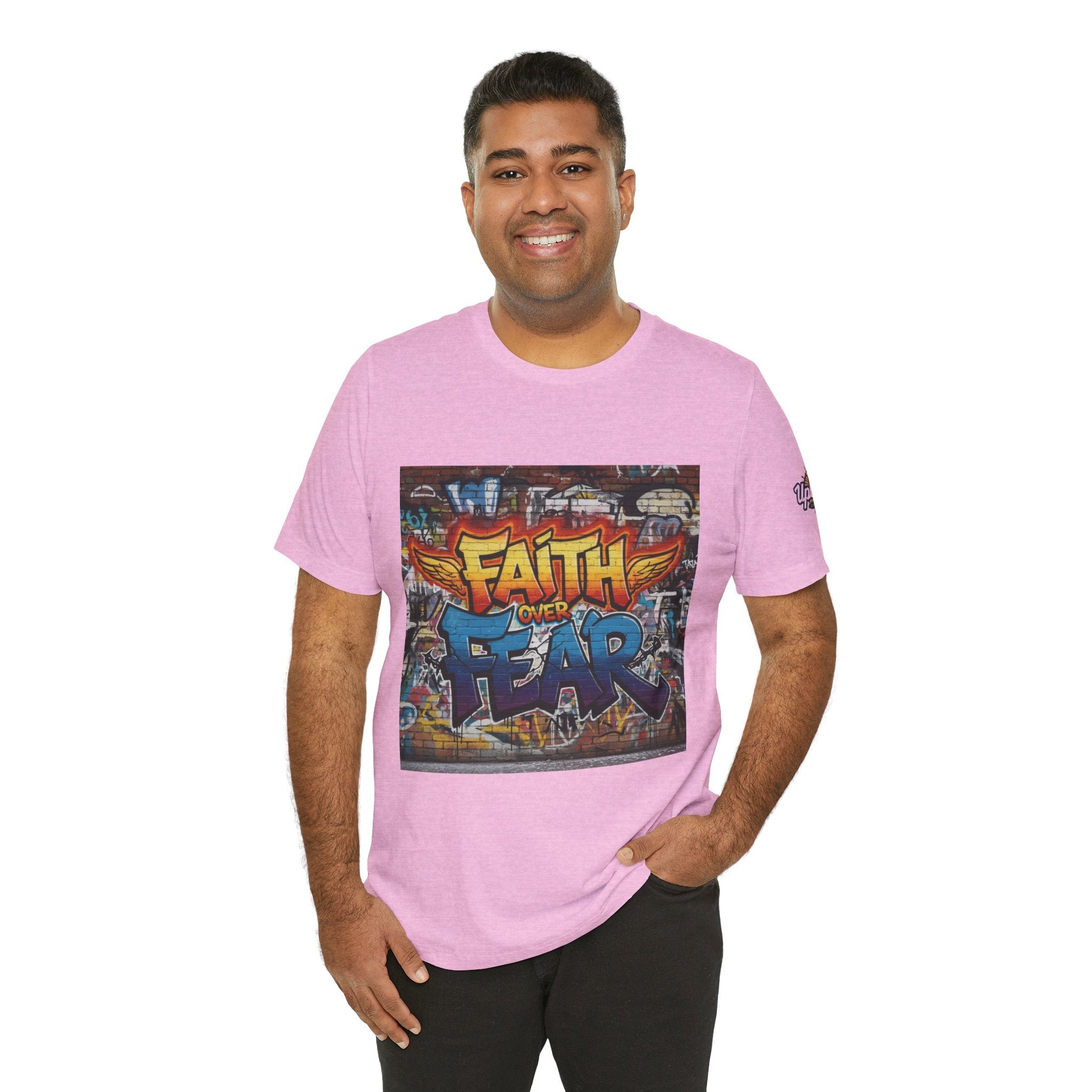 Faith Over Fear T-shirt – Graffiti Wall Christian T-shirt for Bold 2 Corinthians 5:7 Streetwear & Unshakable Faith Printify