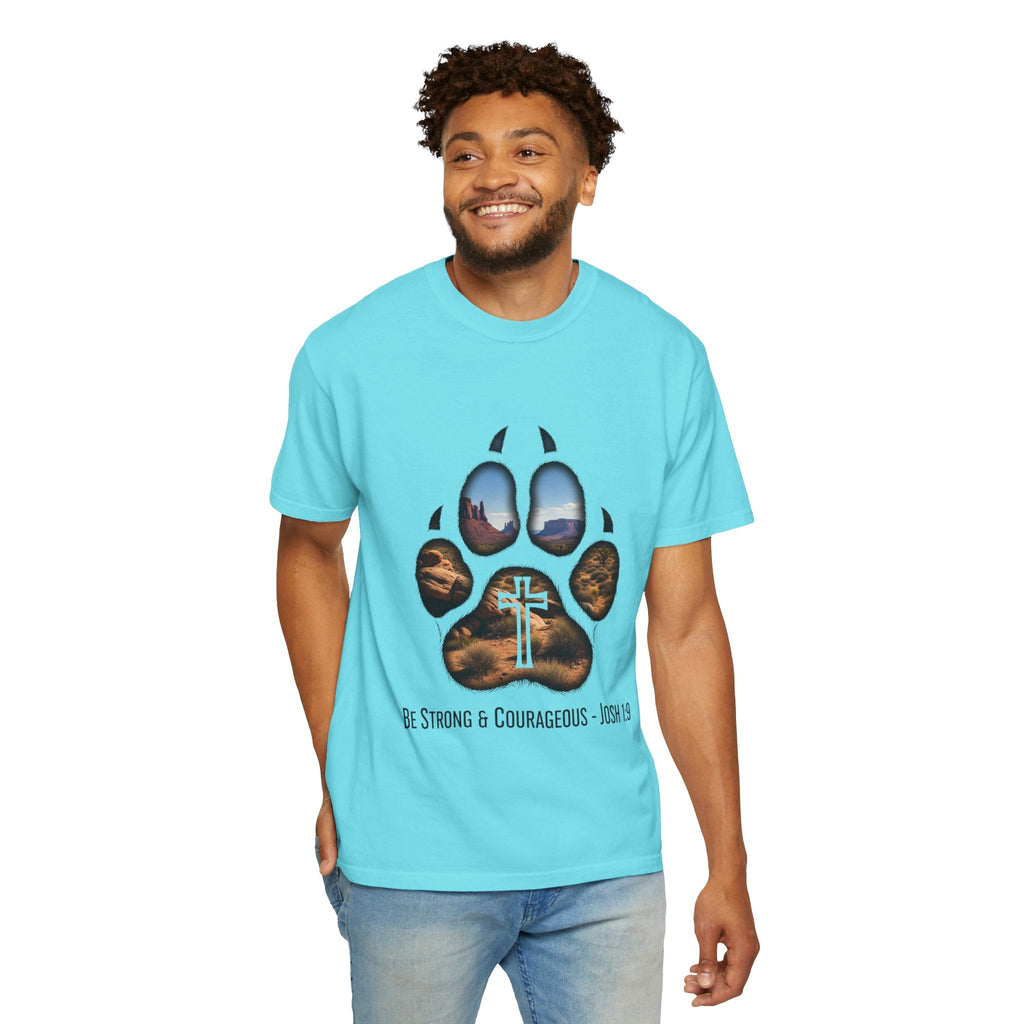 Strong and Courageous T-Shirt – Canine Pawprint Desert Joshua 1:9 Christian Tee Printify