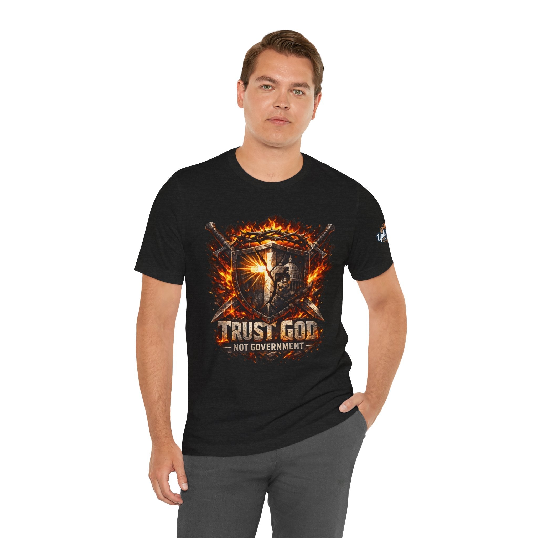 Trust God Not Government Shield Tee — Patriotic Christian Faith T-Shirt Printify