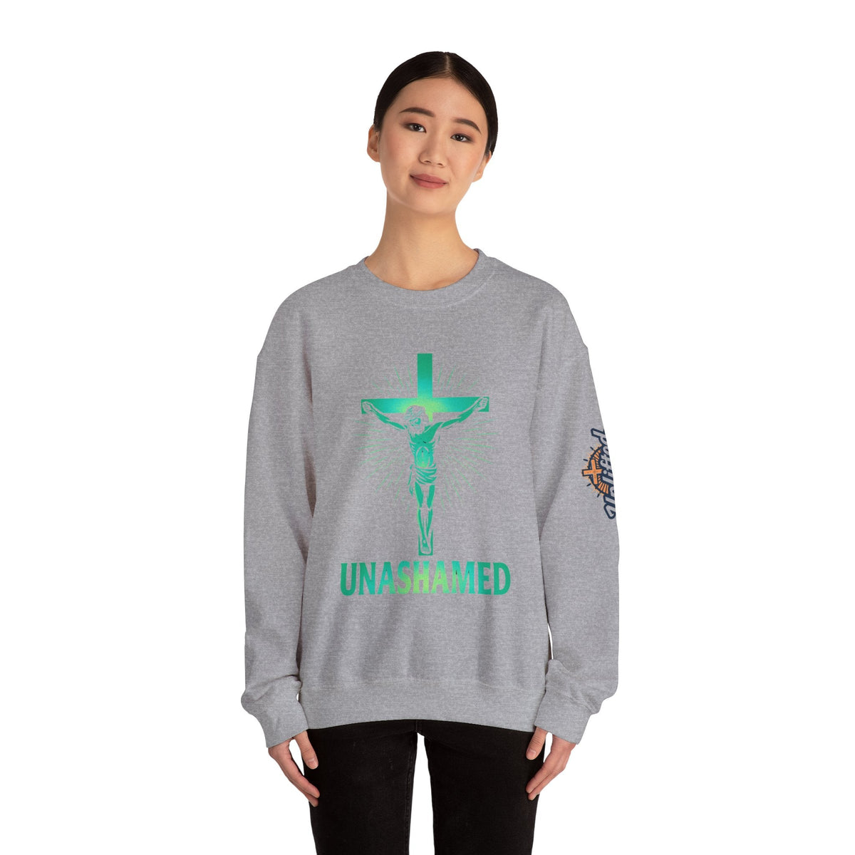 Unashamed Sweatshirt – Romans 1:16 Crucifixion Christian Sweatshirt for Bold Unwavering Faith Printify