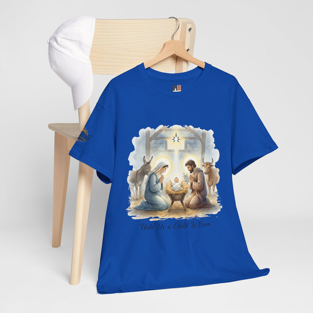 Unto Us a Child is Born T-shirt – Isaiah 9:6 Nativity Manger Scene Christian Christmas T-shirt for Holy Night Faith Printify