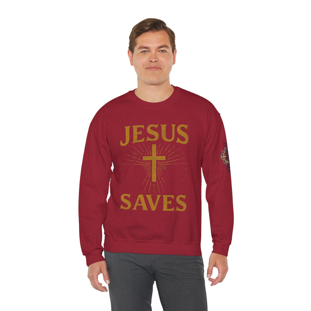 Jesus Saves Sweatshirt – Radiant Cross & Rays of Light Christian Sweatshirt for Eternal Hope & Faith Printify