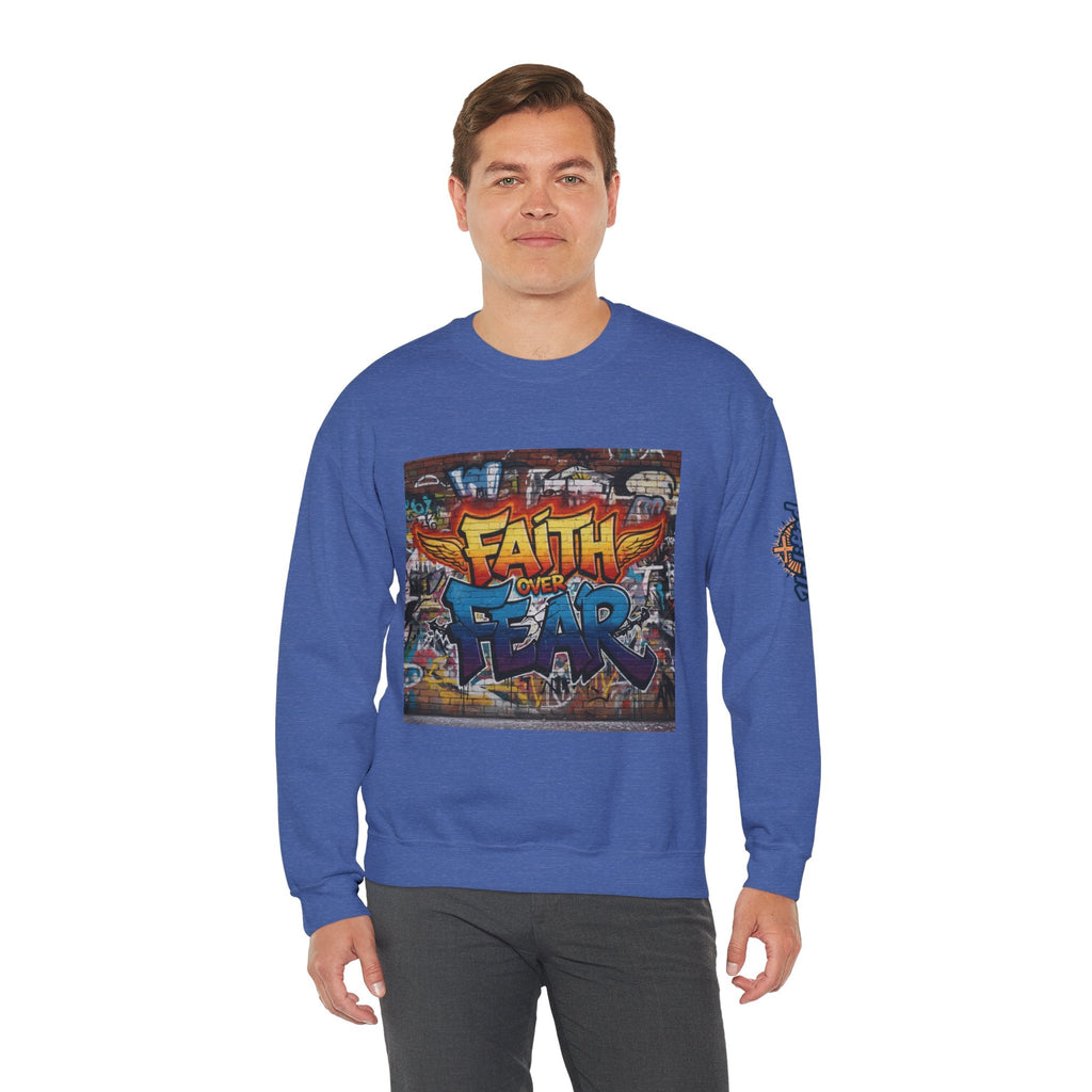 Faith Over Fear Sweatshirt – Graffiti Wall Christian Sweatshirt for Bold 2 Corinthians 5:7 Streetwear & Unshakable Faith Printify