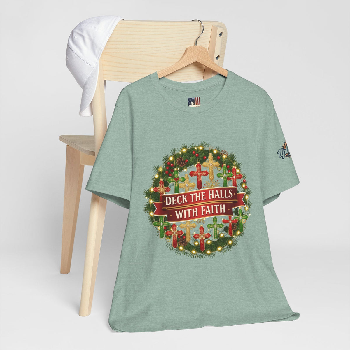 🎄 Deck the Halls with Faith – Christian Christmas T-Shirt | Cross Ornament Design & Festive Garland | Bold Holiday Faith Tee by Uplifted Gear Printify