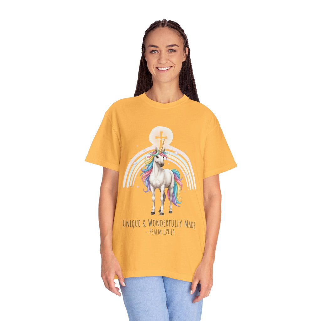 Unique Unicorn Christian T-Shirt – Wonderfully Made with Rainbow Cross & Psalm 139:14 Printify