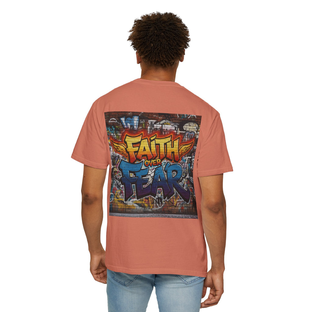 Faith Over Fear T-shirt – Graffiti Wall Christian T-shirt for Bold 2 Corinthians 5:7 Streetwear & Unshakable Faith Printify