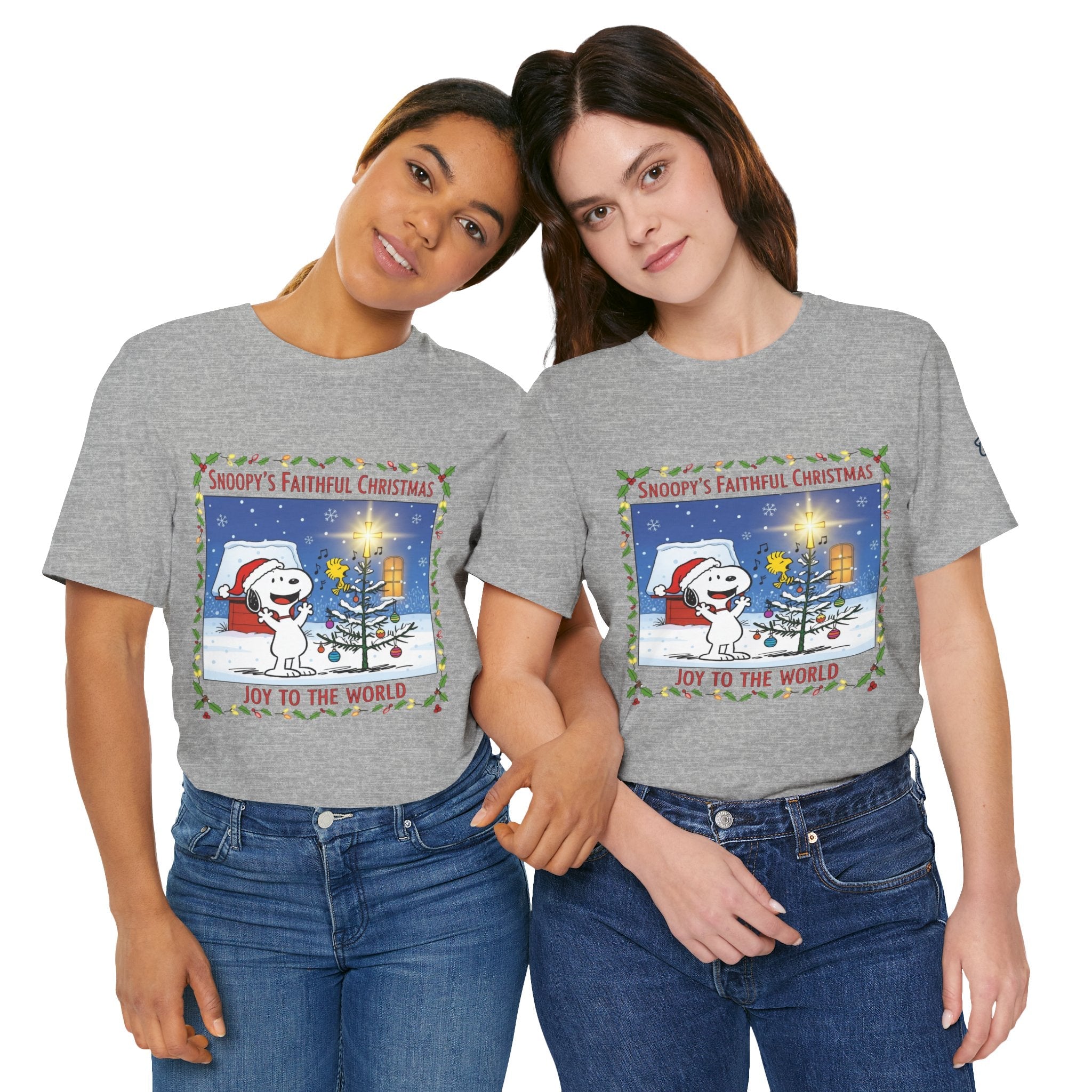 🎄 Faithful Christmas Friends – Christian Holiday T-Shirt | Festive Tree & Cartoon Duo | Heartwarming Christmas Tee by Uplifted Gear Printify