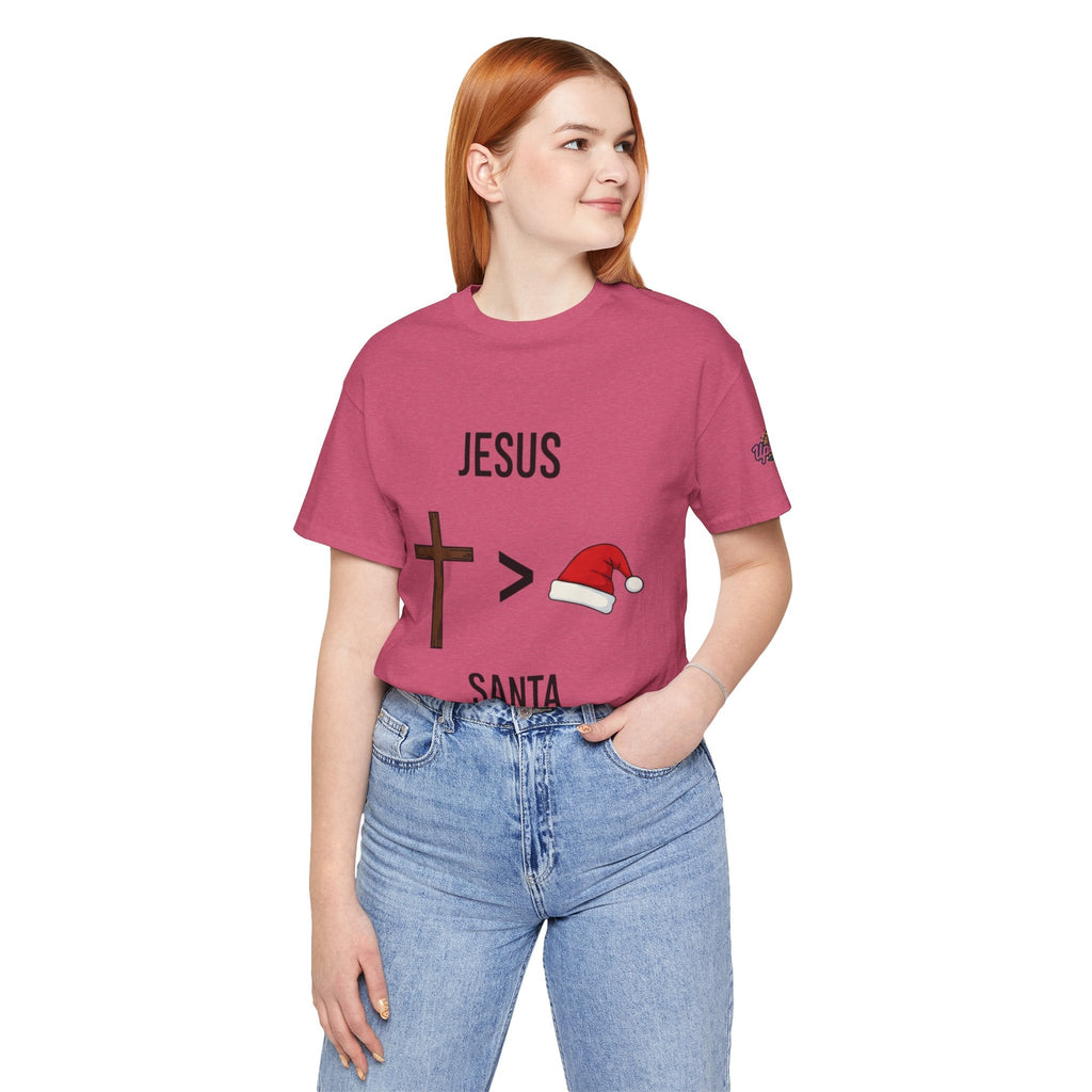 🎄 Jesus > Santa – Minimalist Christian Christmas T-Shirt | Bold Faith Over Holiday Tee | Cross vs Santa Hat Design | Uplifted Gear Printify