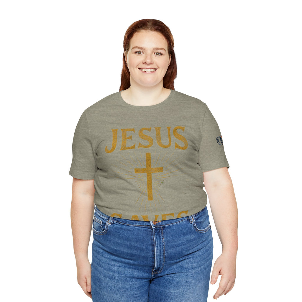 Jesus Saves T-shirt – Radiant Cross & Rays of Light Christian T-shirt for Eternal Hope & Faith Printify