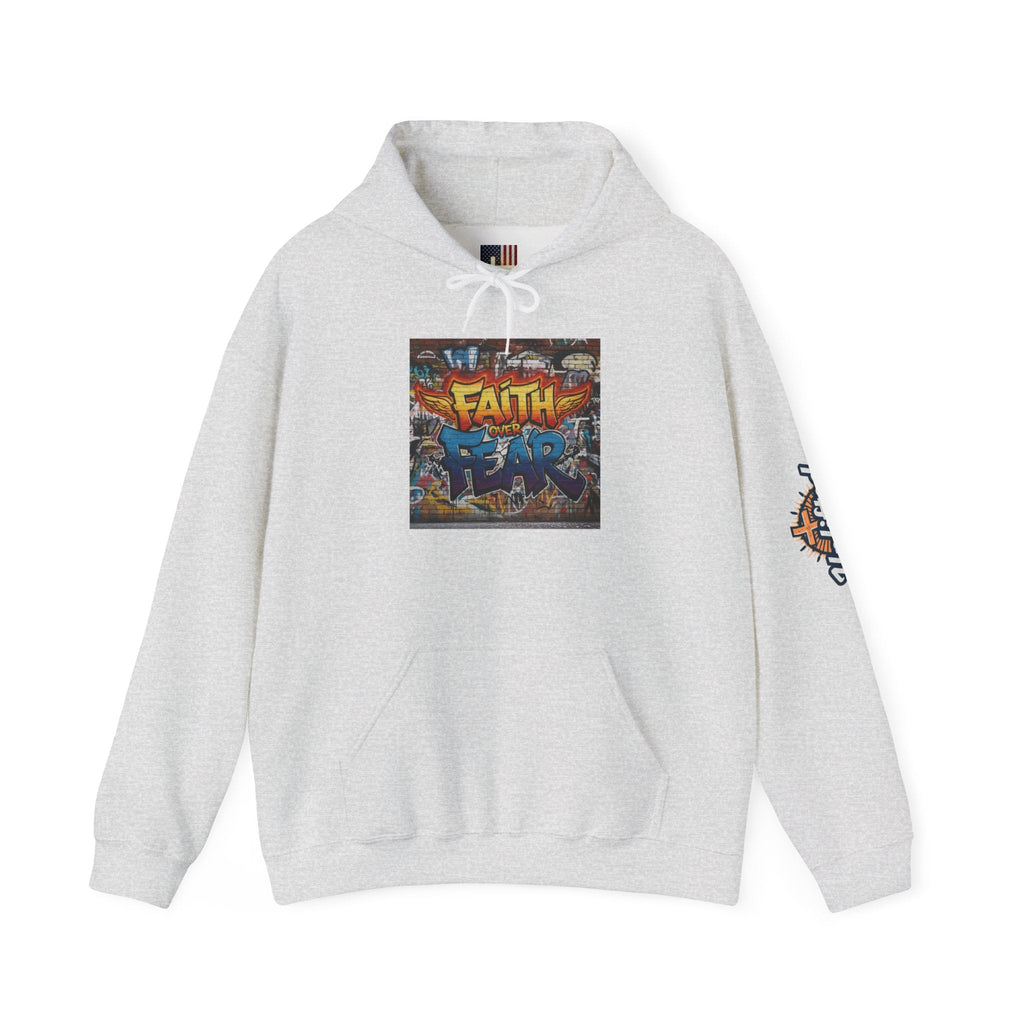 Faith Over Fear Hoodie – Graffiti Wall Christian Sweatshirt for Bold 2 Corinthians 5:7 Streetwear & Unshakable Faith Printify