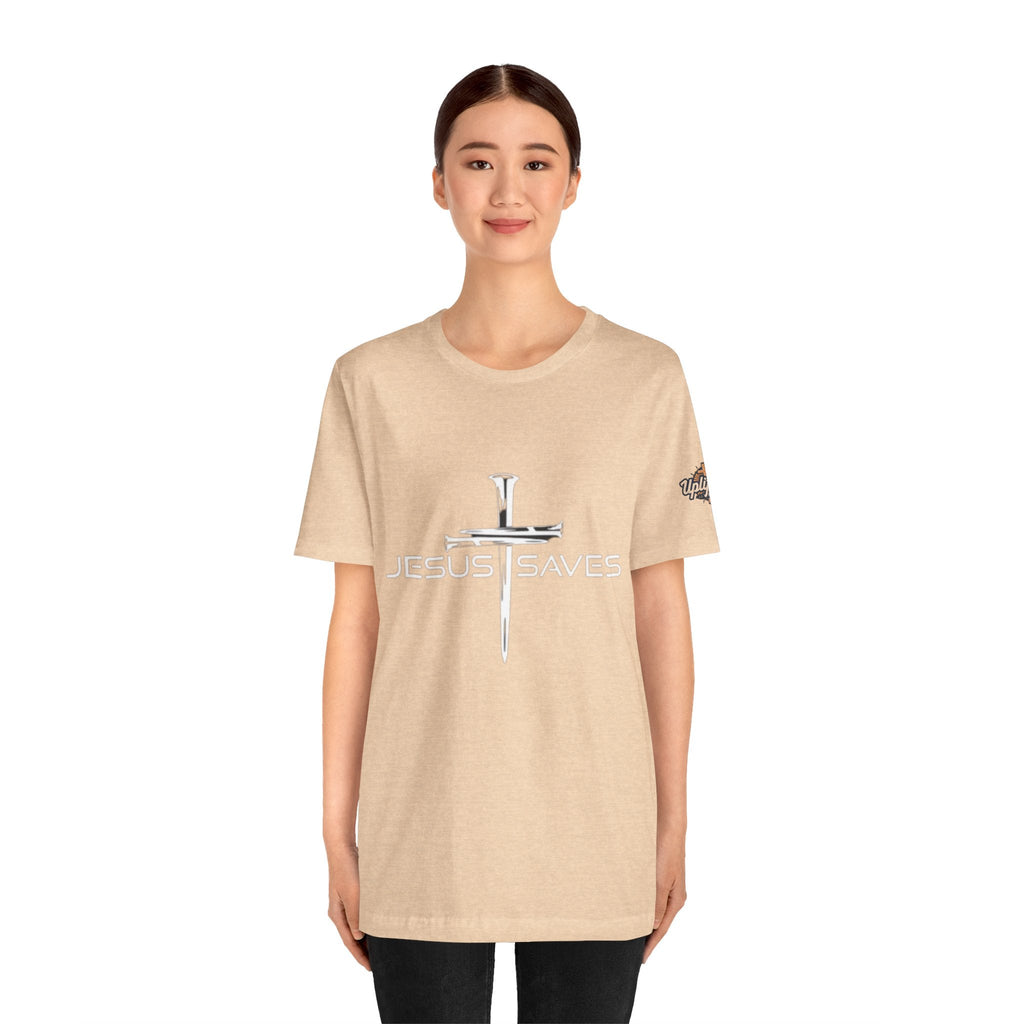 Jesus Saves T-shirt – 3 Nails Crucifix Cross Christian T-shirt for Redemption Faith & Bold Salvation Printify