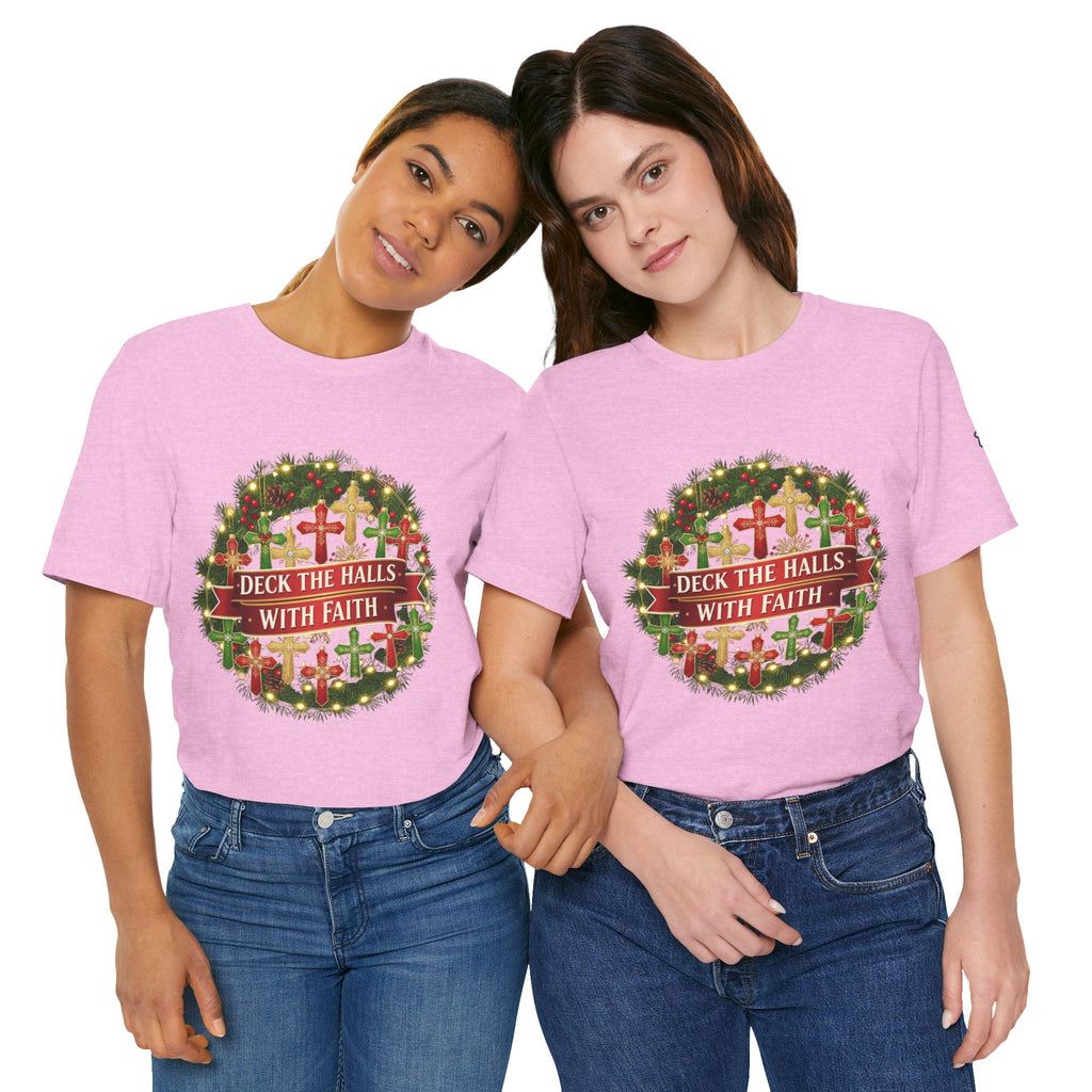 🎄 Deck the Halls with Faith – Christian Christmas T-Shirt | Cross Ornament Design & Festive Garland | Bold Holiday Faith Tee by Uplifted Gear Printify