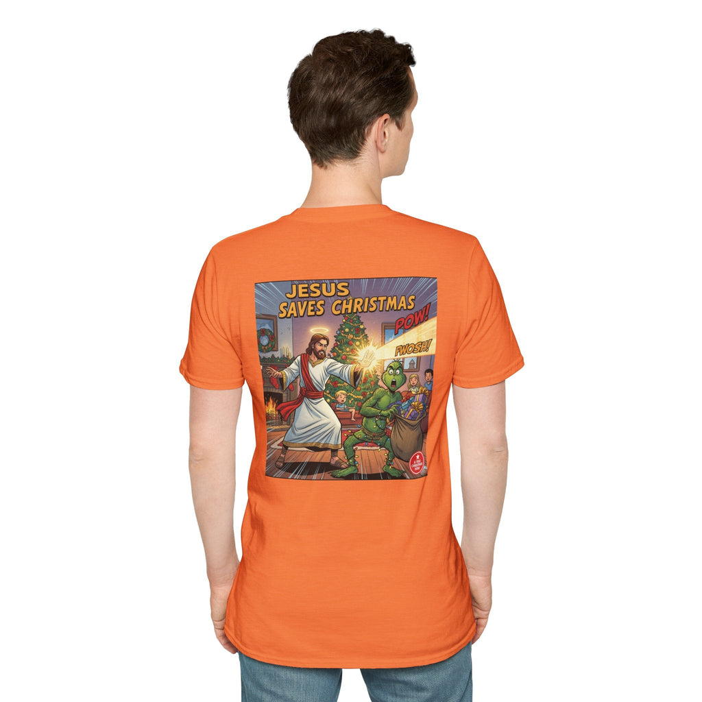 Jesus Saves Christmas T-shirt – Grinch vs Savior Light Battle Christian T-shirt for Hilarious Holiday Faith & True Joy Printify