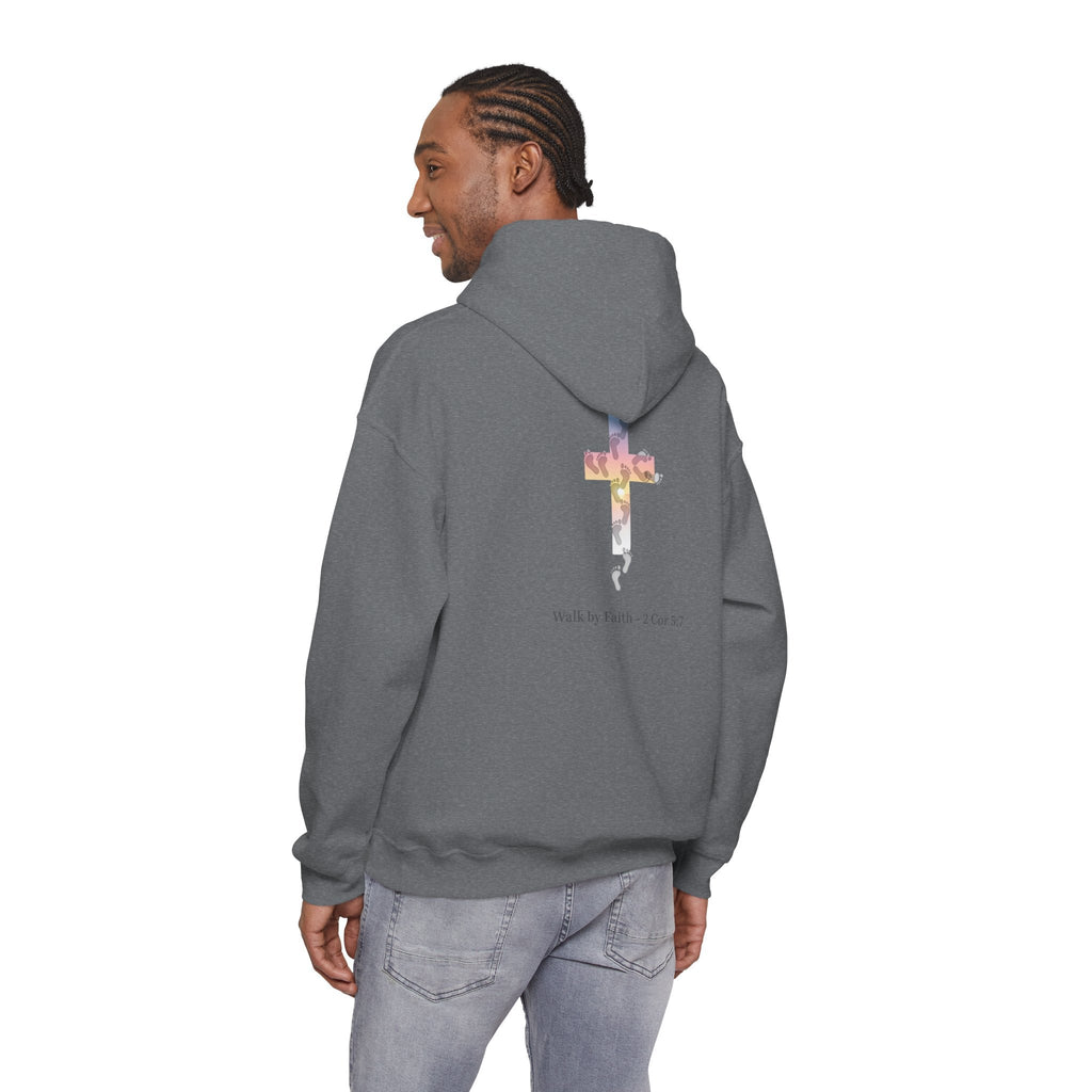 Walk by Faith Hoodie – Cross & Footprints Christian Hoodie for Cozy Inspiration Printify