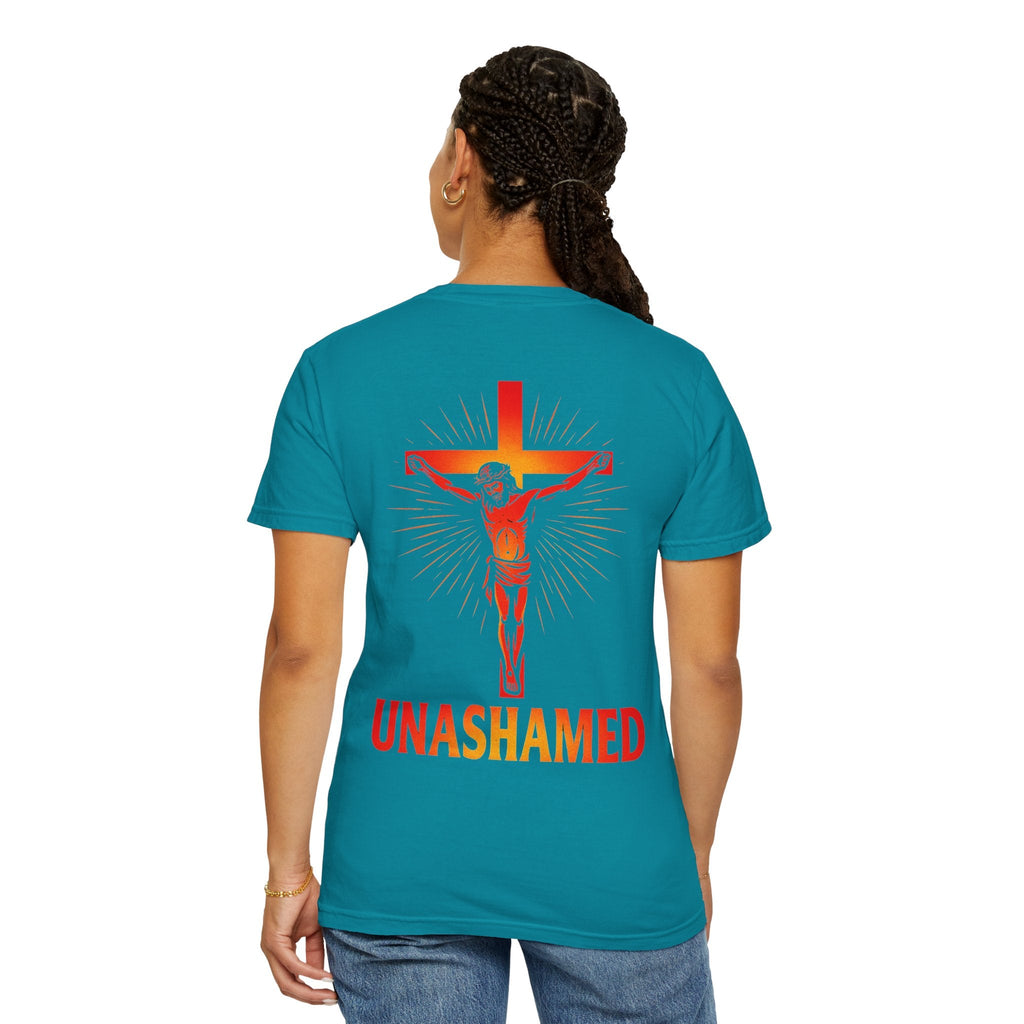 Unashamed T-shirt – Romans 1:16 Crucifixion Christian t-shirt for Bold Unwavering Faith Red Printify