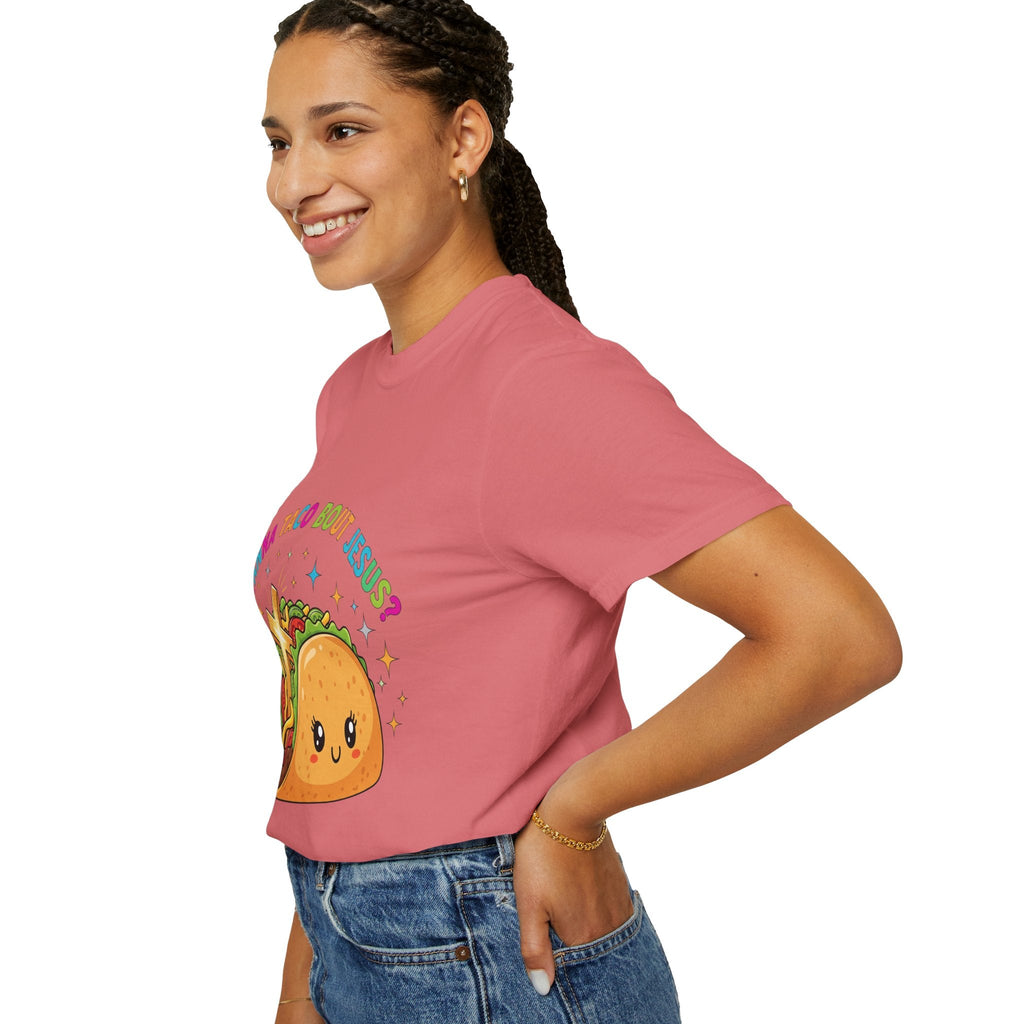 Wanna Taco 'Bout Jesus? Funny Christian Pun T-Shirt – Lettuce Pray & Share Faith! Printify