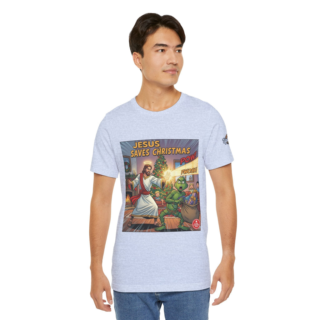 Jesus Saves Christmas T-shirt – Grinch vs Savior Light Battle Christian T-shirt for Hilarious Holiday Faith & True Joy Printify