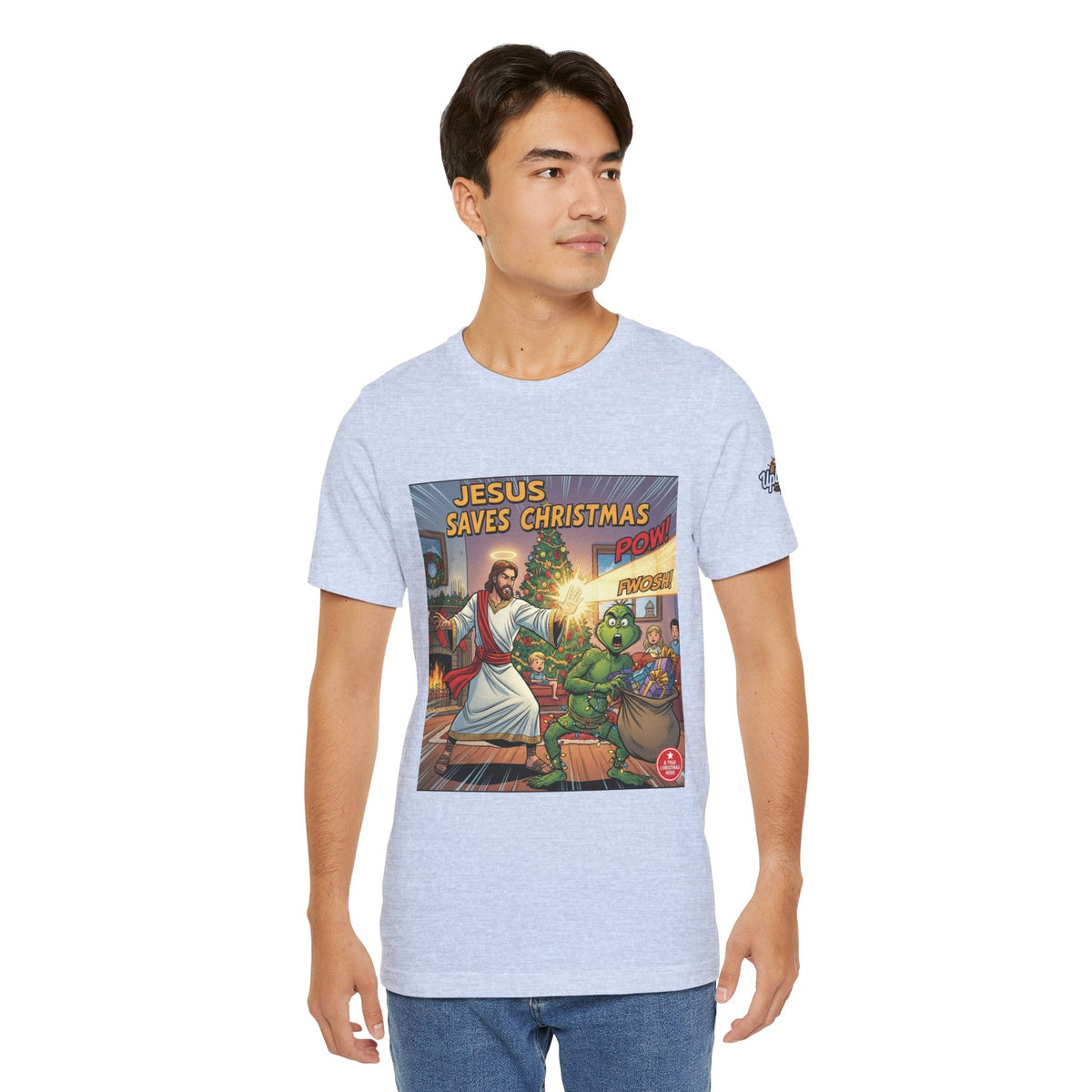 Jesus Saves Christmas T-shirt – Grinch vs Savior Light Battle Christian T-shirt for Hilarious Holiday Faith & True Joy Printify