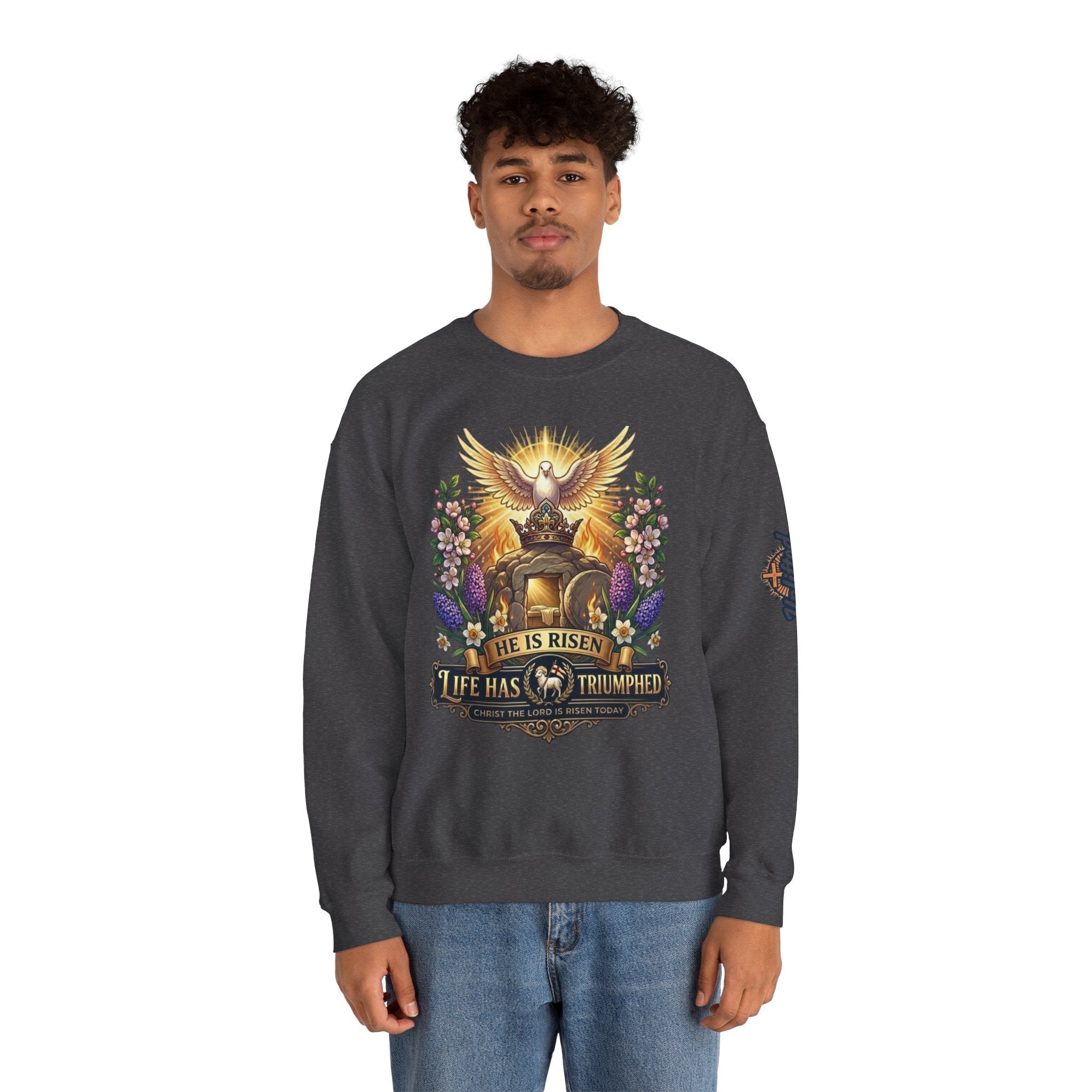 He Is Risen "Life Has Triumphed" Sweatshirt — Easter Resurrection Christian Sweatshirt Printify