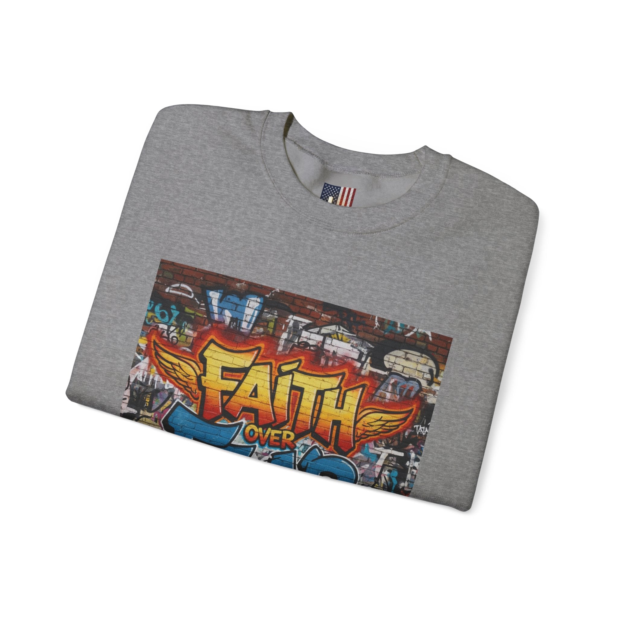 Faith Over Fear Sweatshirt – Graffiti Wall Christian Sweatshirt for Bold 2 Corinthians 5:7 Streetwear & Unshakable Faith Printify