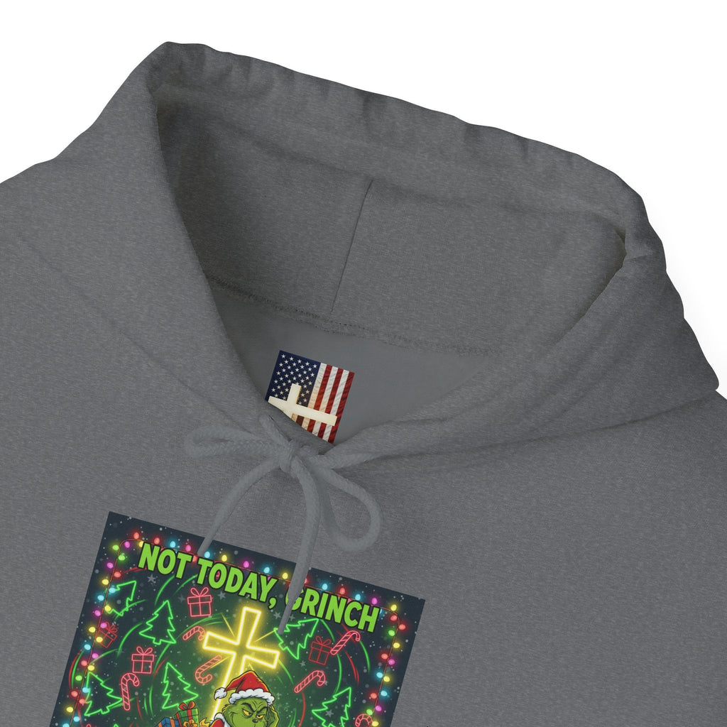 🎄 Not Today, Grinch – Jesus Saves | Funny Christian Christmas Hoodie | Festive Green & Red Cartoon Style | Bold Faith Holiday Tee by Uplifted Gear Printify