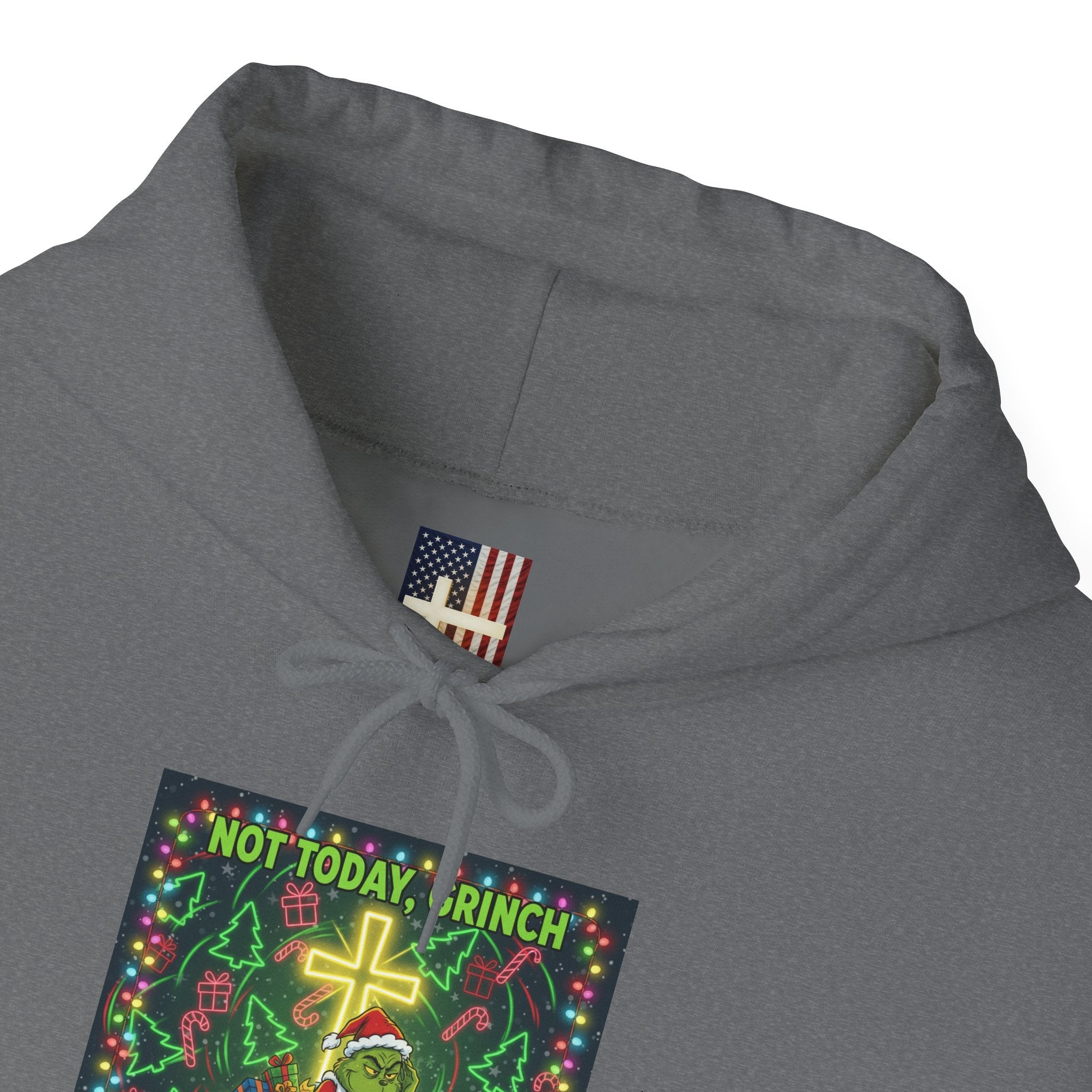 🎄 Not Today, Grinch – Jesus Saves | Funny Christian Christmas Hoodie | Festive Green & Red Cartoon Style | Bold Faith Holiday Tee by Uplifted Gear Printify
