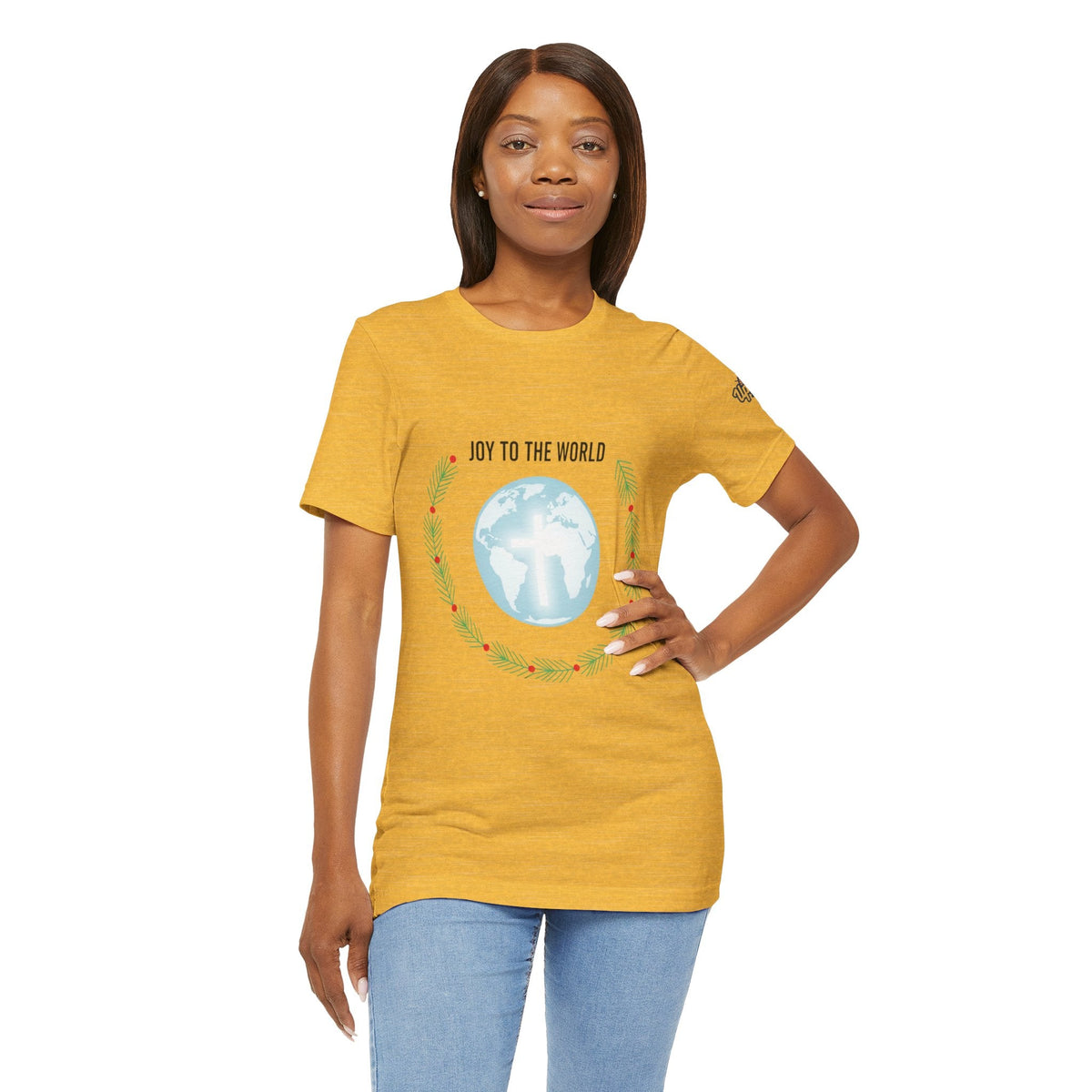 Joy to the World T-shirt – Wreath Earth Nativity Christian Christmas T-shirt for Isaiah 9:6 Holiday Faith & Festive Joy Printify