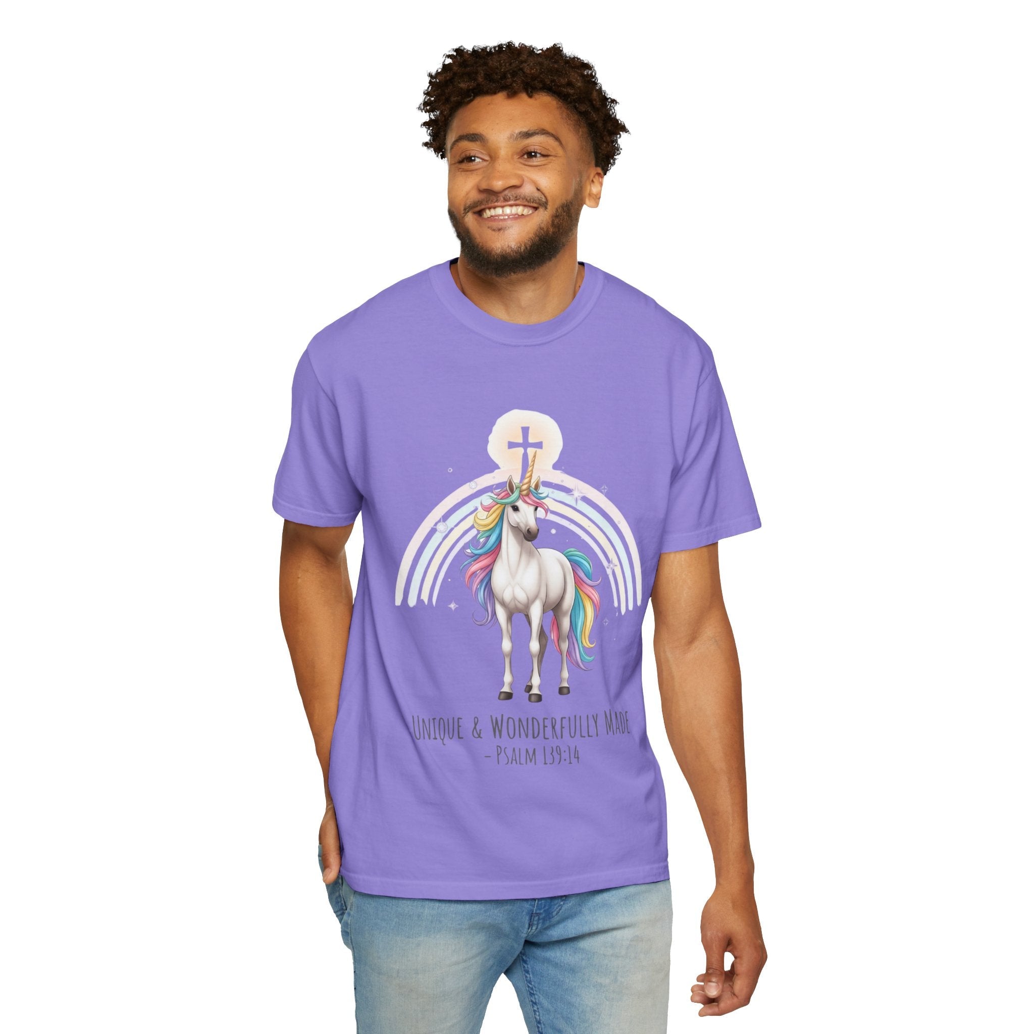 Unique Unicorn Christian T-Shirt – Wonderfully Made with Rainbow Cross & Psalm 139:14 Printify