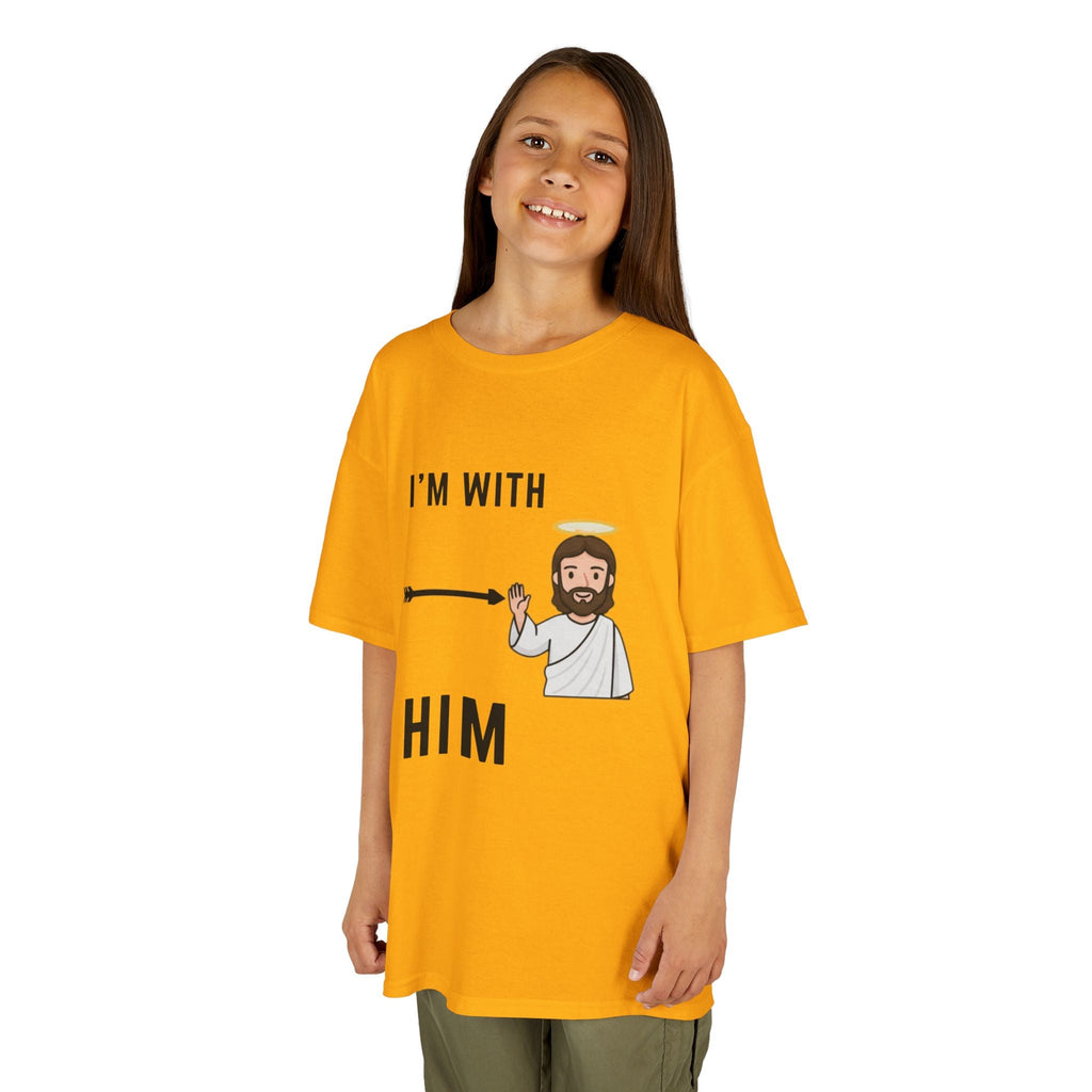 🔥 I’m With Him → Christian Kids T-Shirt | Arrow Pointing to Jesus | Minimalist Faith Tee | Subtle Cross Design | Bible-Inspired Apparel by Uplifted Gear Printify