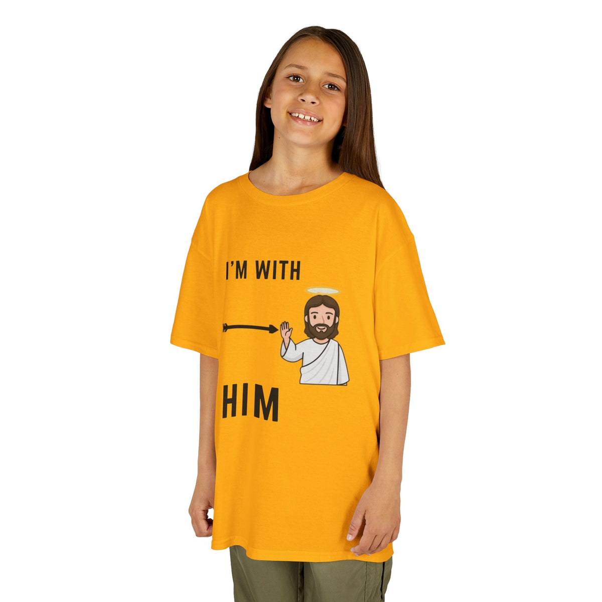 🔥 I’m With Him → Christian Kids T-Shirt | Arrow Pointing to Jesus | Minimalist Faith Tee | Subtle Cross Design | Bible-Inspired Apparel by Uplifted Gear Printify