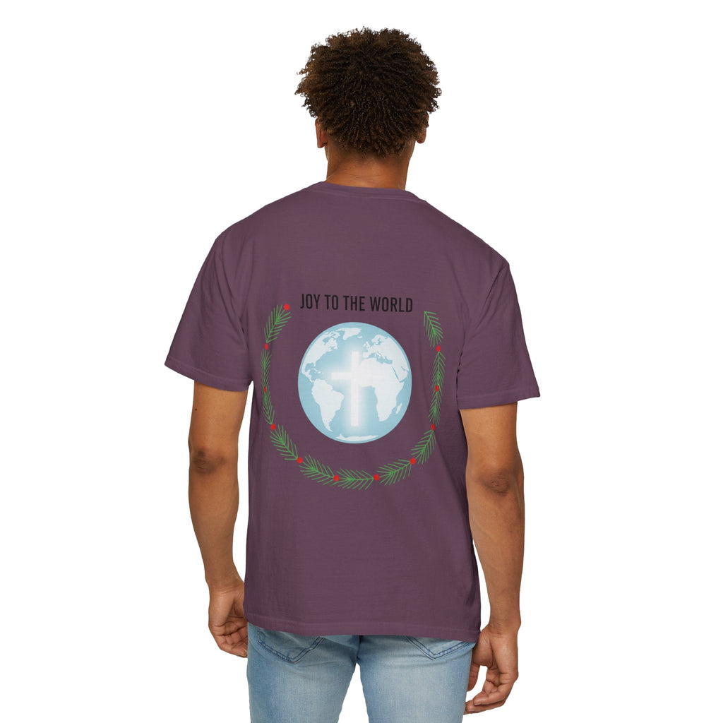 Joy to the World T-shirt – Wreath Earth Nativity Christian Christmas T-shirt for Isaiah 9:6 Holiday Faith & Festive Joy Printify