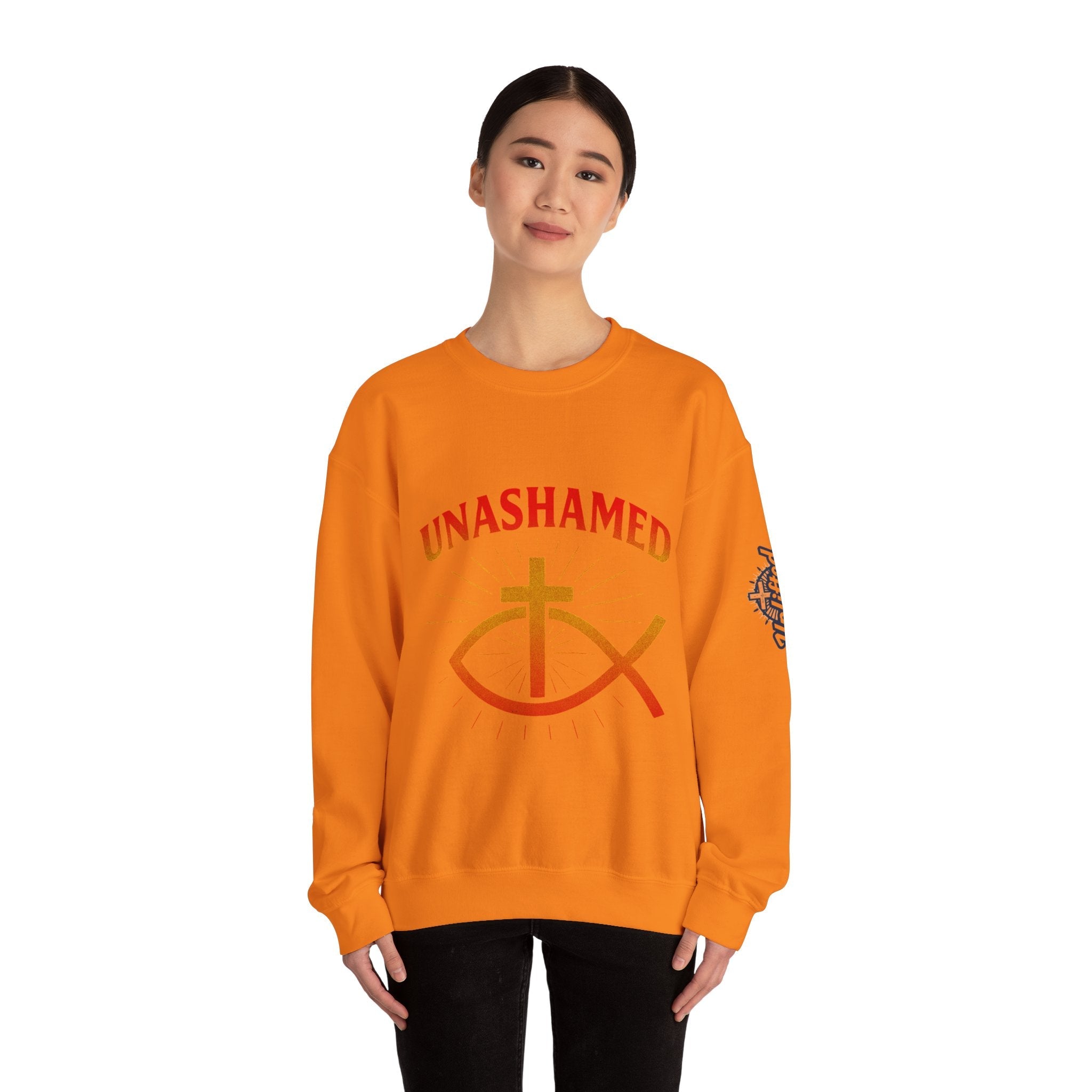Unashamed Sweatshirt – Ichthys Jesus Fish & Cross Christian Sweatshirt for Romans 1:16 Bold Faith Printify