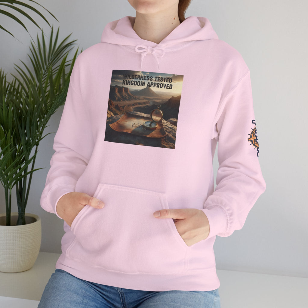 Wilderness Tested Kingdom Approved Hoodie – Mountain Desert Compass Crown Christian Sweatshirt for Biblical Adventure Faith Printify