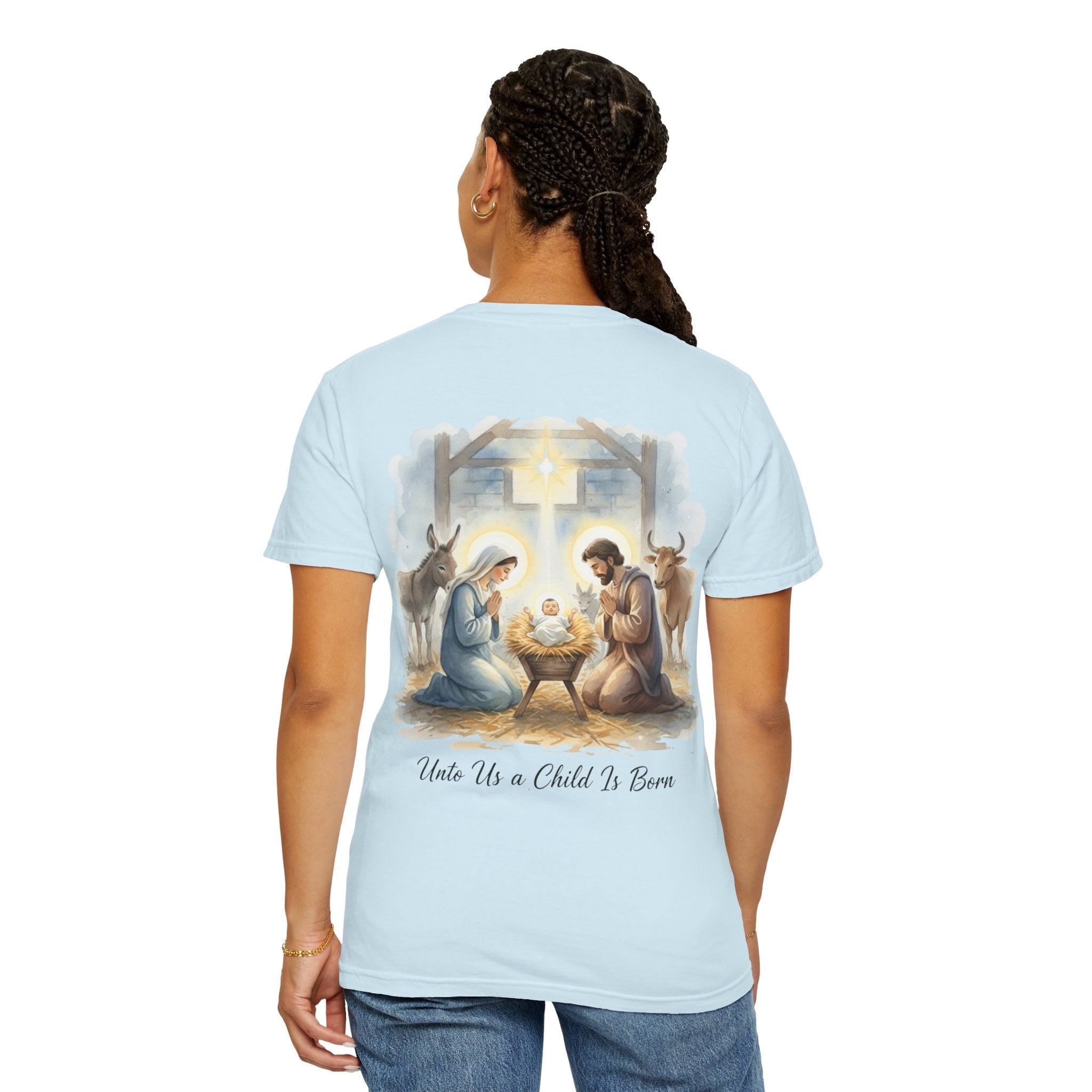 Unto Us a Child is Born T-shirt – Isaiah 9:6 Nativity Manger Scene Christian Christmas T-shirt for Holy Night Faith Printify