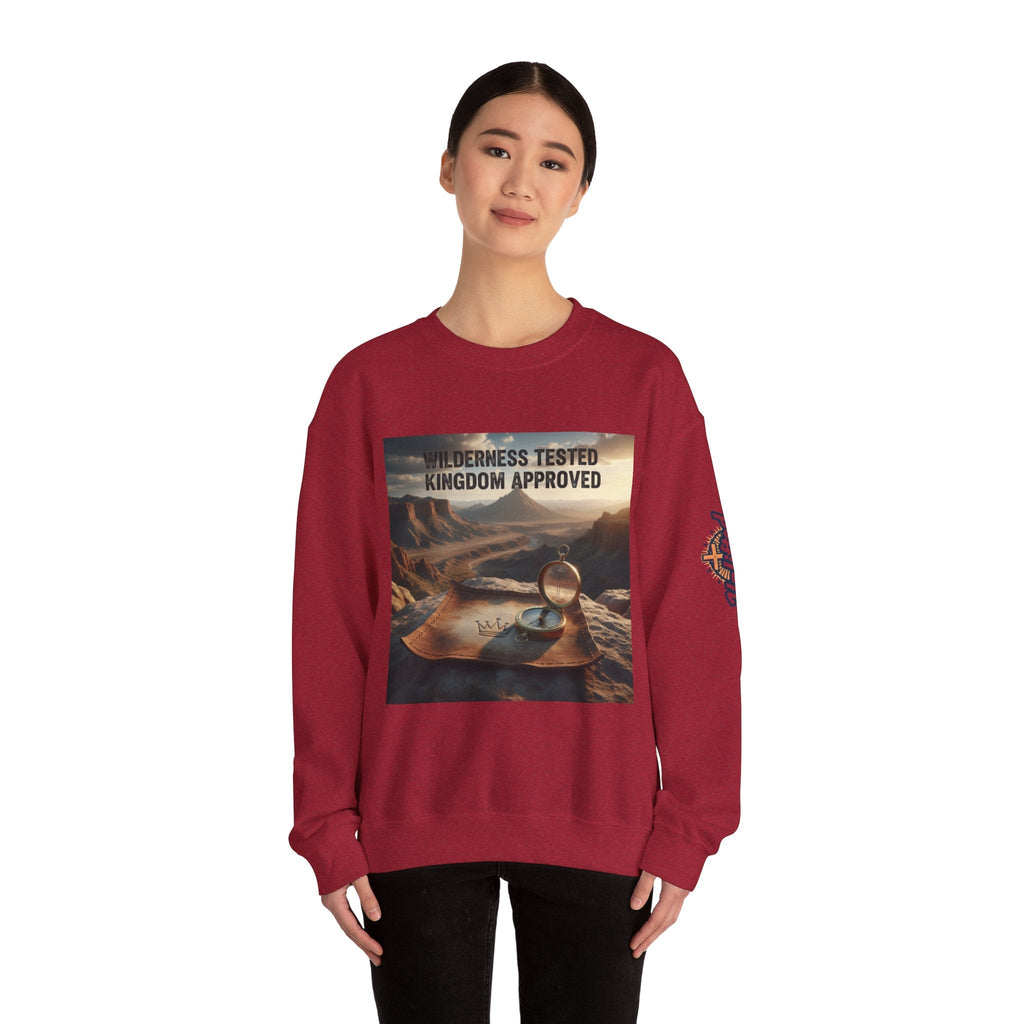 Wilderness Tested Kingdom Approved Sweatshirt – Mountain Desert Compass Crown Christian Sweatshirt for Biblical Adventure Faith Printify
