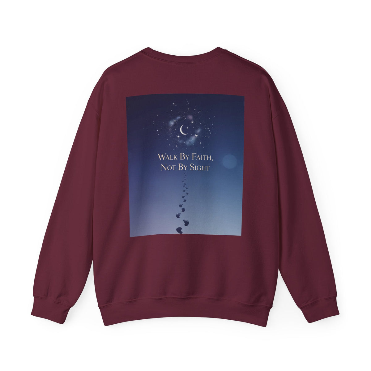 Walk by Faith, Not by Sight Sweatshirt – Moonlit Footprints Christian Sweatshirt for Cozy Nights Printify