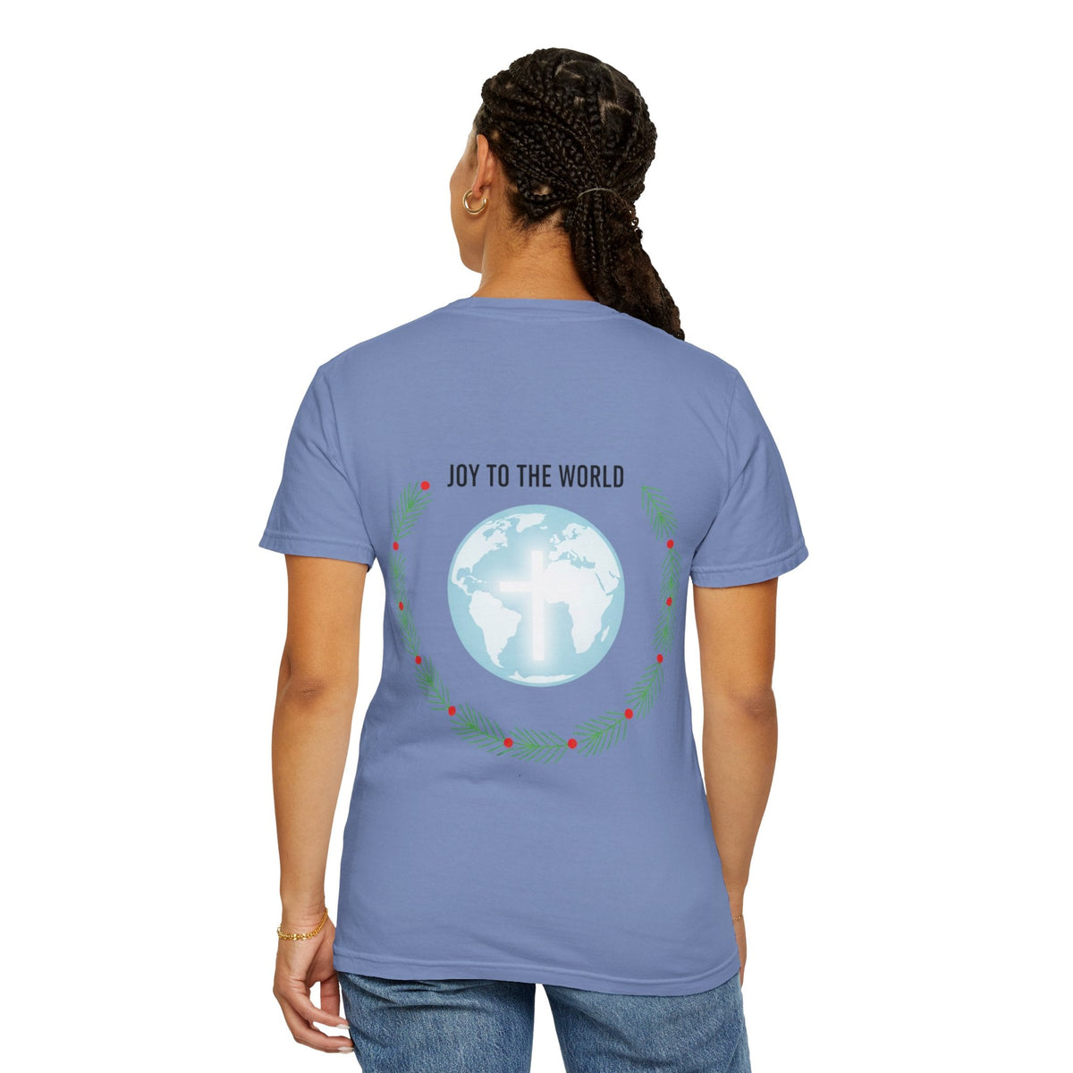 Joy to the World T-shirt – Wreath Earth Nativity Christian Christmas T-shirt for Isaiah 9:6 Holiday Faith & Festive Joy Printify