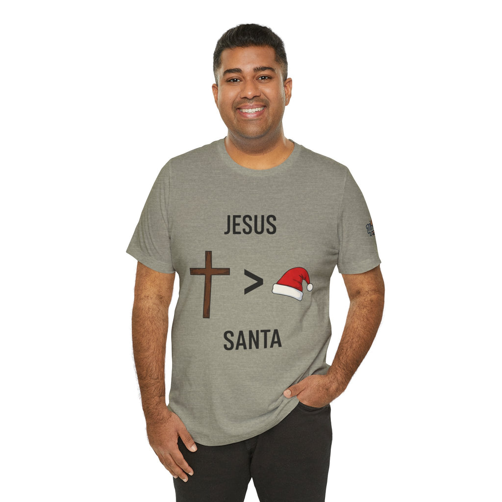 🎄 Jesus > Santa – Minimalist Christian Christmas T-Shirt | Bold Faith Over Holiday Tee | Cross vs Santa Hat Design | Uplifted Gear Printify