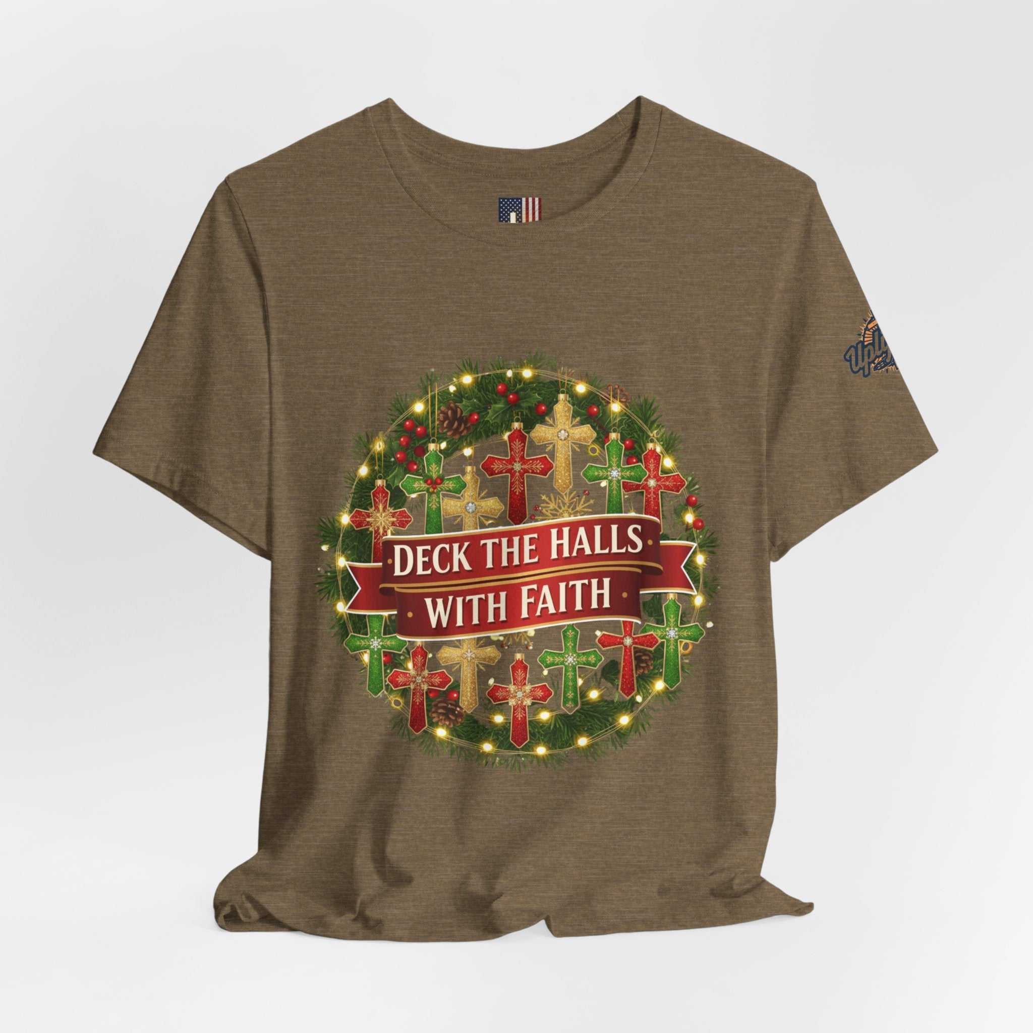 🎄 Deck the Halls with Faith – Christian Christmas T-Shirt | Cross Ornament Design & Festive Garland | Bold Holiday Faith Tee by Uplifted Gear Printify