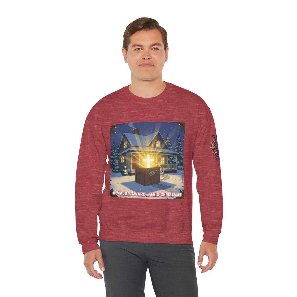 A Major Award This Christmas Sweatshirt – Fragile Leg Lamp Parody Cross Unboxing Christian Sweatshirt for Hilarious Faith & Holiday Glow Printify