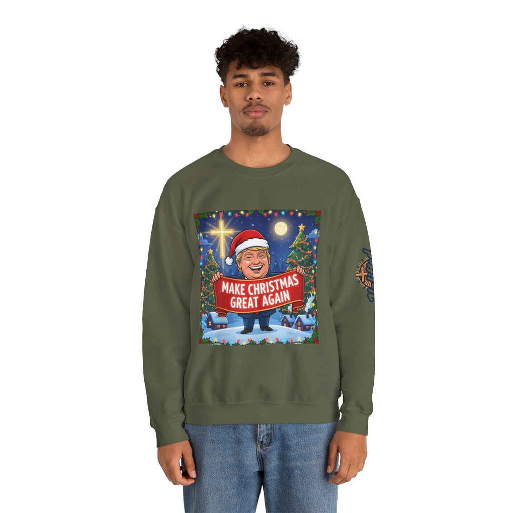 🎄 Make Christmas Great Again – Patriotic Christian Christmas Sweatshirt | Bold Holiday Faith Tee | Red & White Banner Design | Uplifted Gear Printify